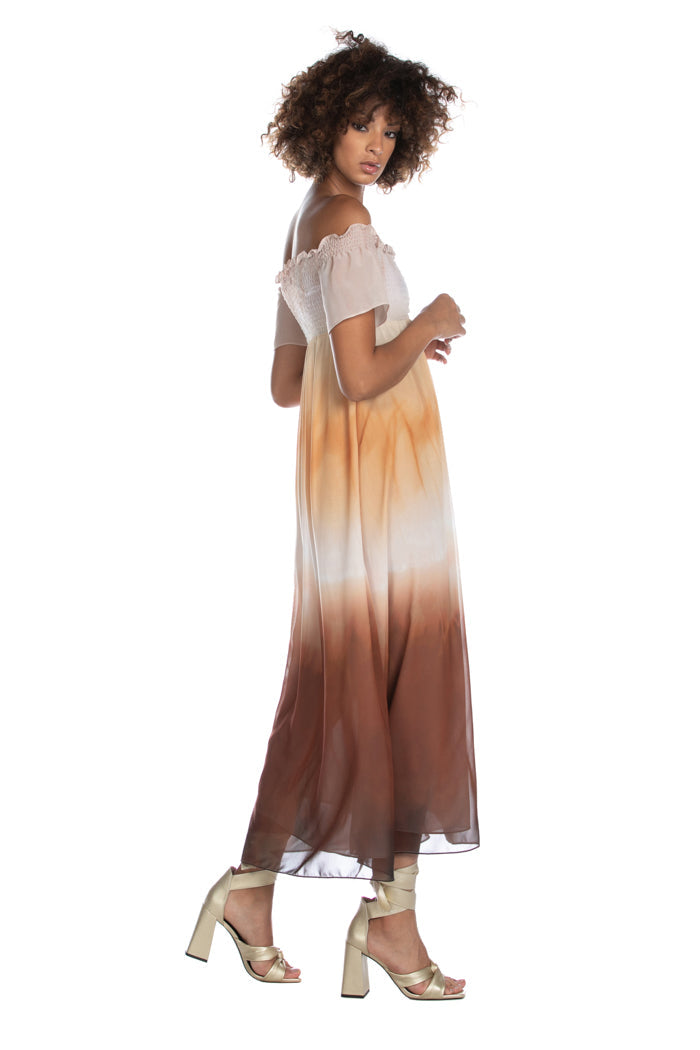 FRIOLI 长款半袖船领连衣裙，带阴影梦幻烟熏缝线