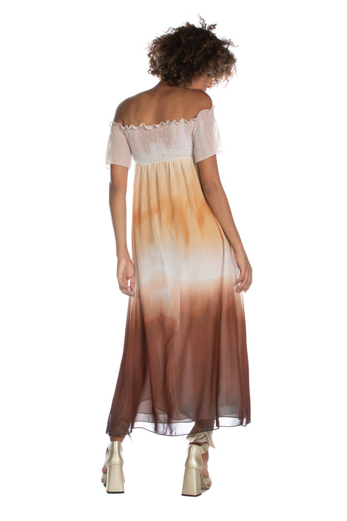 FRIOLI 长款半袖船领连衣裙，带阴影梦幻烟熏缝线