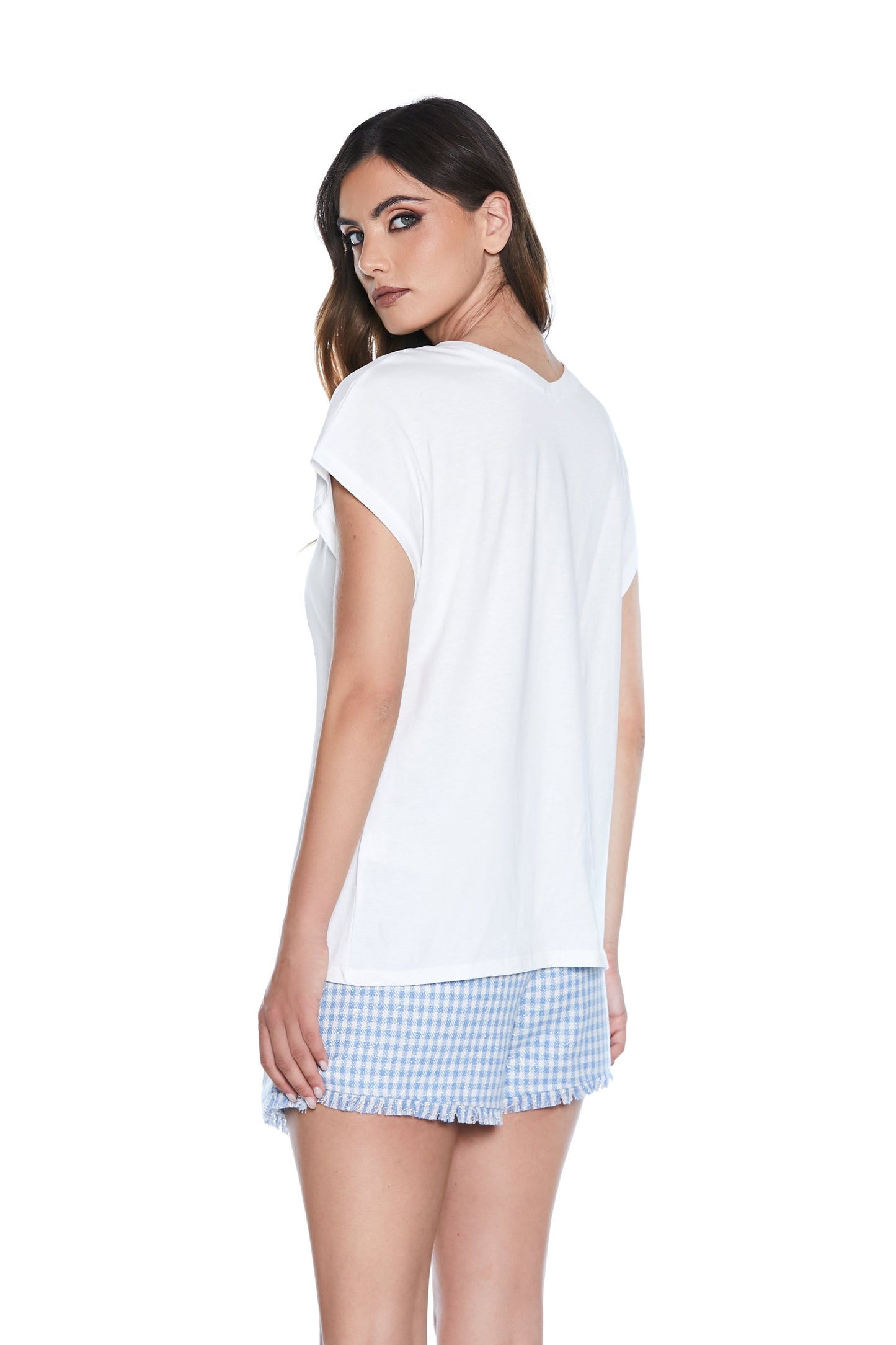 CATTIN T-Shirt 半袖v领后背加猫印花加方巾加水钻
