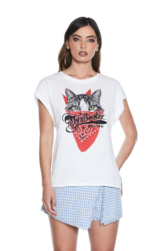 CATTIN T-Shirt 半袖v领后背加猫印花加方巾加水钻