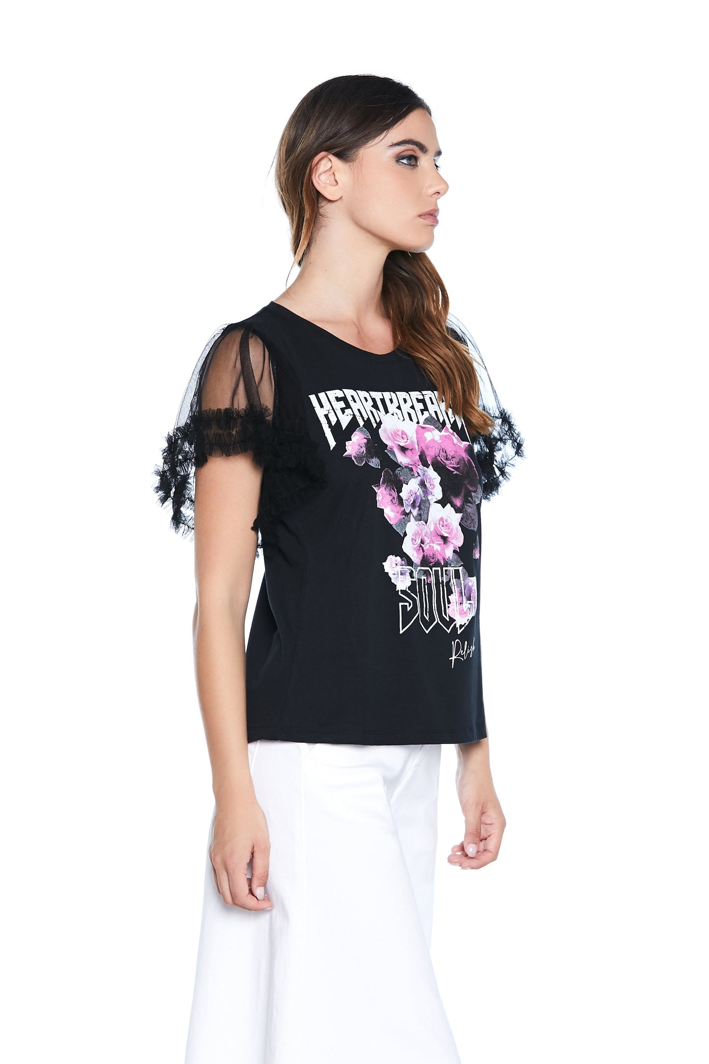 YEWAW 玫瑰印花半袖薄纱 T 恤