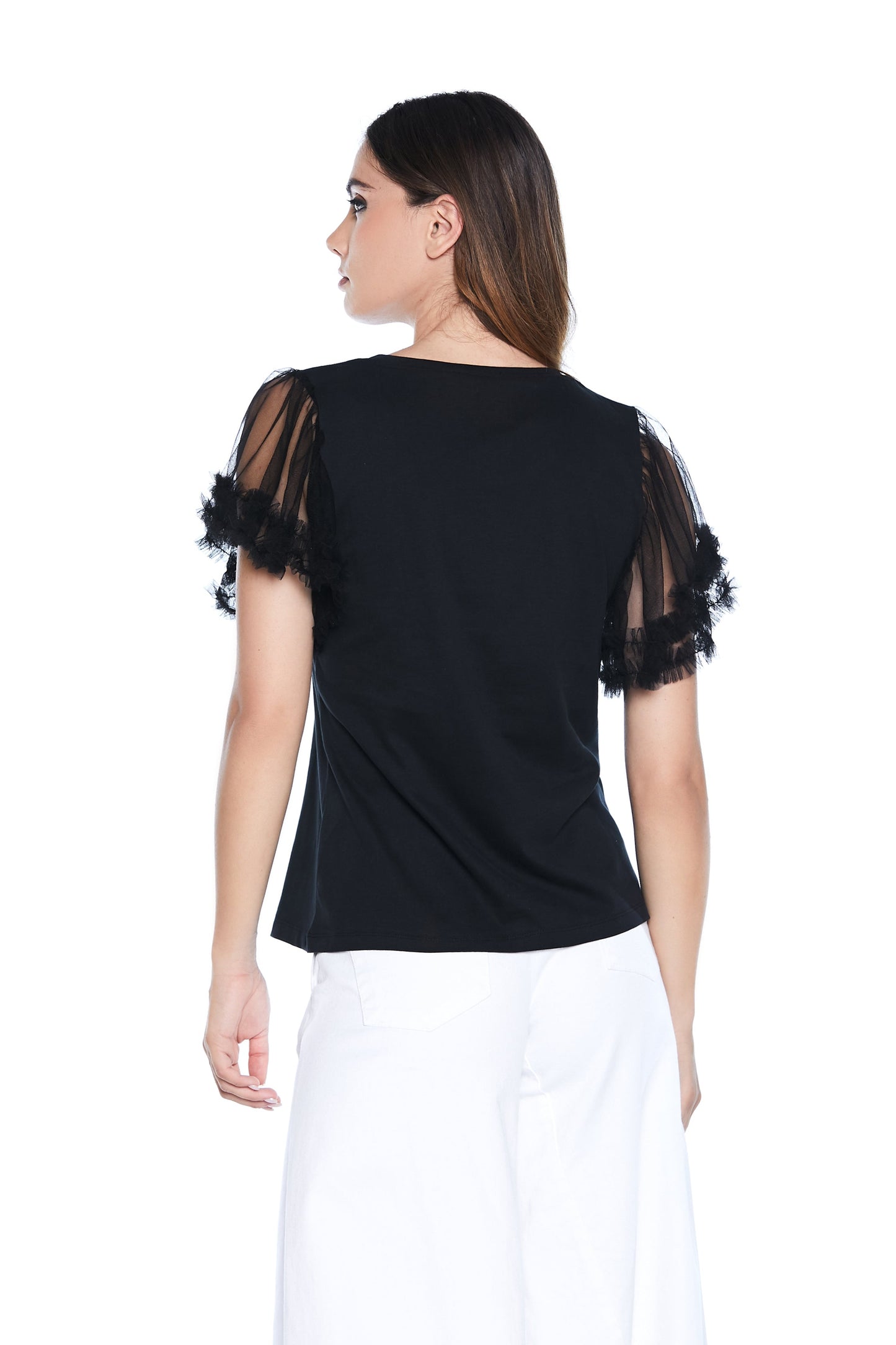 YEWAW 玫瑰印花半袖薄纱 T 恤