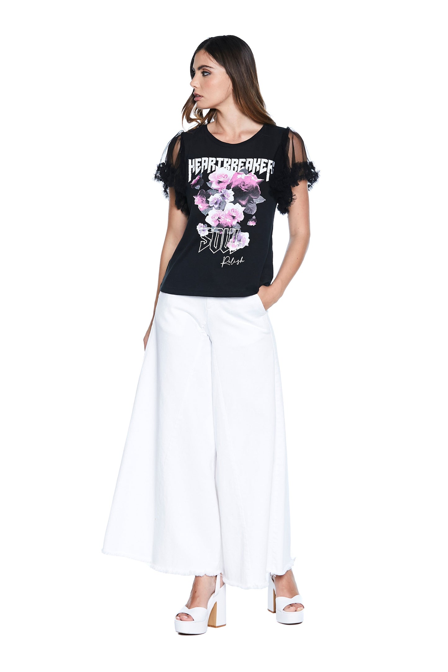 YEWAW 玫瑰印花半袖薄纱 T 恤