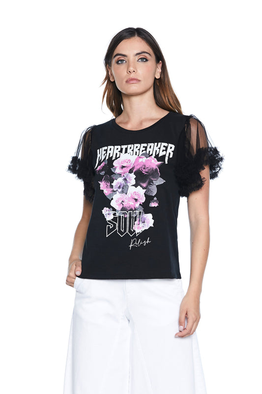 YEWAW 玫瑰印花半袖薄纱 T 恤