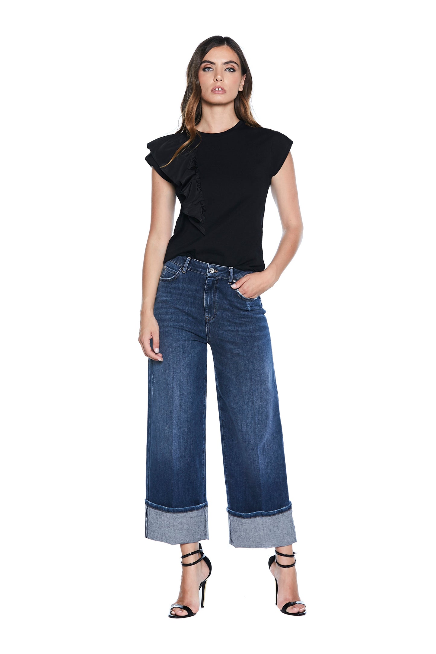 SHILER 水钻装饰塔夫塔荷叶边半袖 T 恤