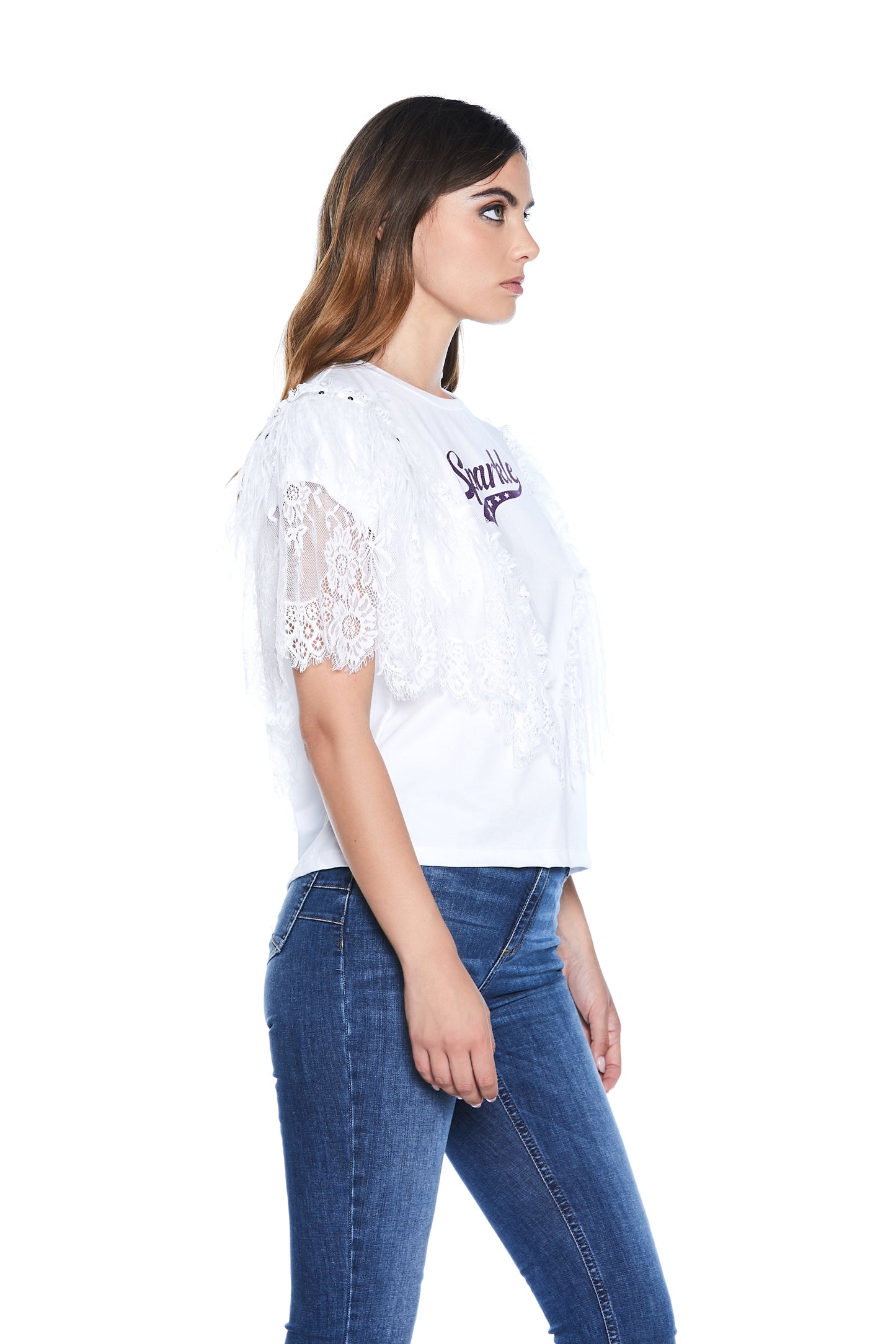 SPARKLE 半袖 T 恤，带蕾丝加羽毛加饰钉加闪光印花