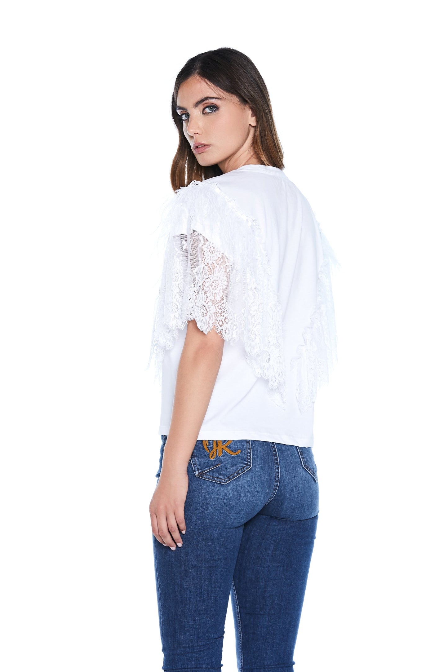 SPARKLE 半袖 T 恤，带蕾丝加羽毛加饰钉加闪光印花