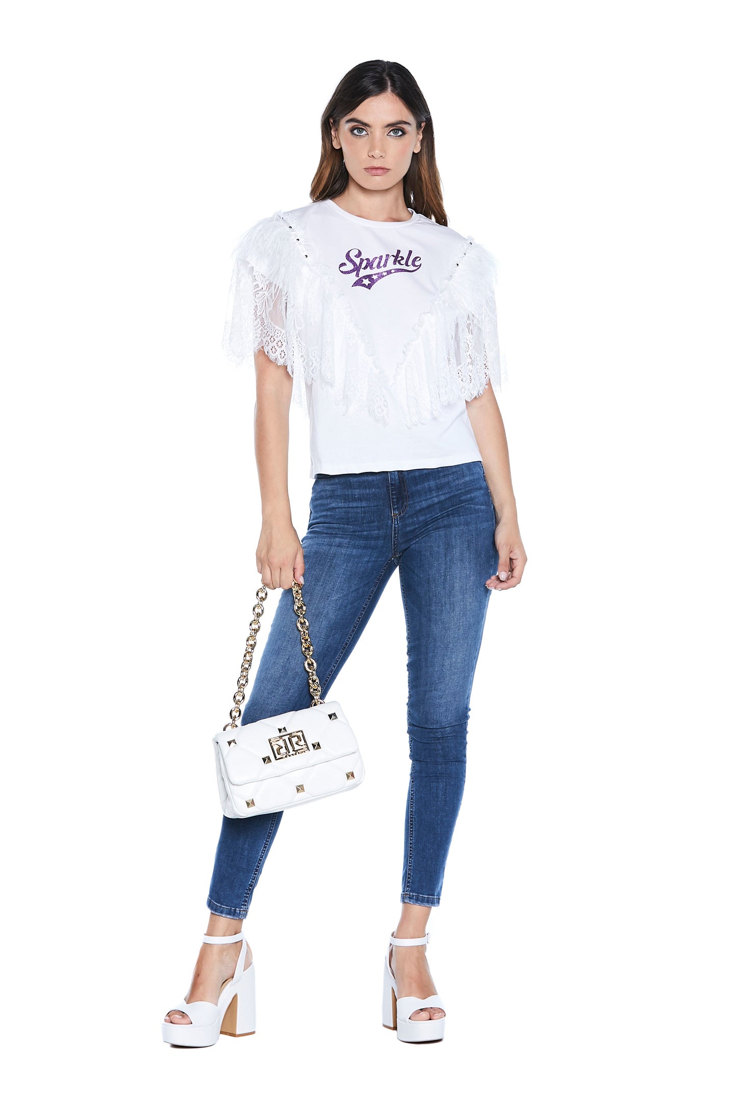 SPARKLE 半袖 T 恤，带蕾丝加羽毛加饰钉加闪光印花