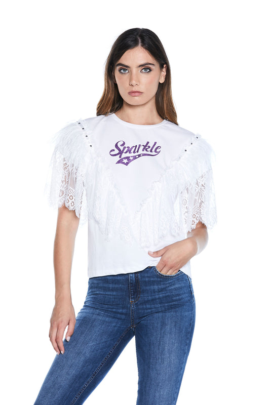 SPARKLE 半袖 T 恤，带蕾丝加羽毛加饰钉加闪光印花
