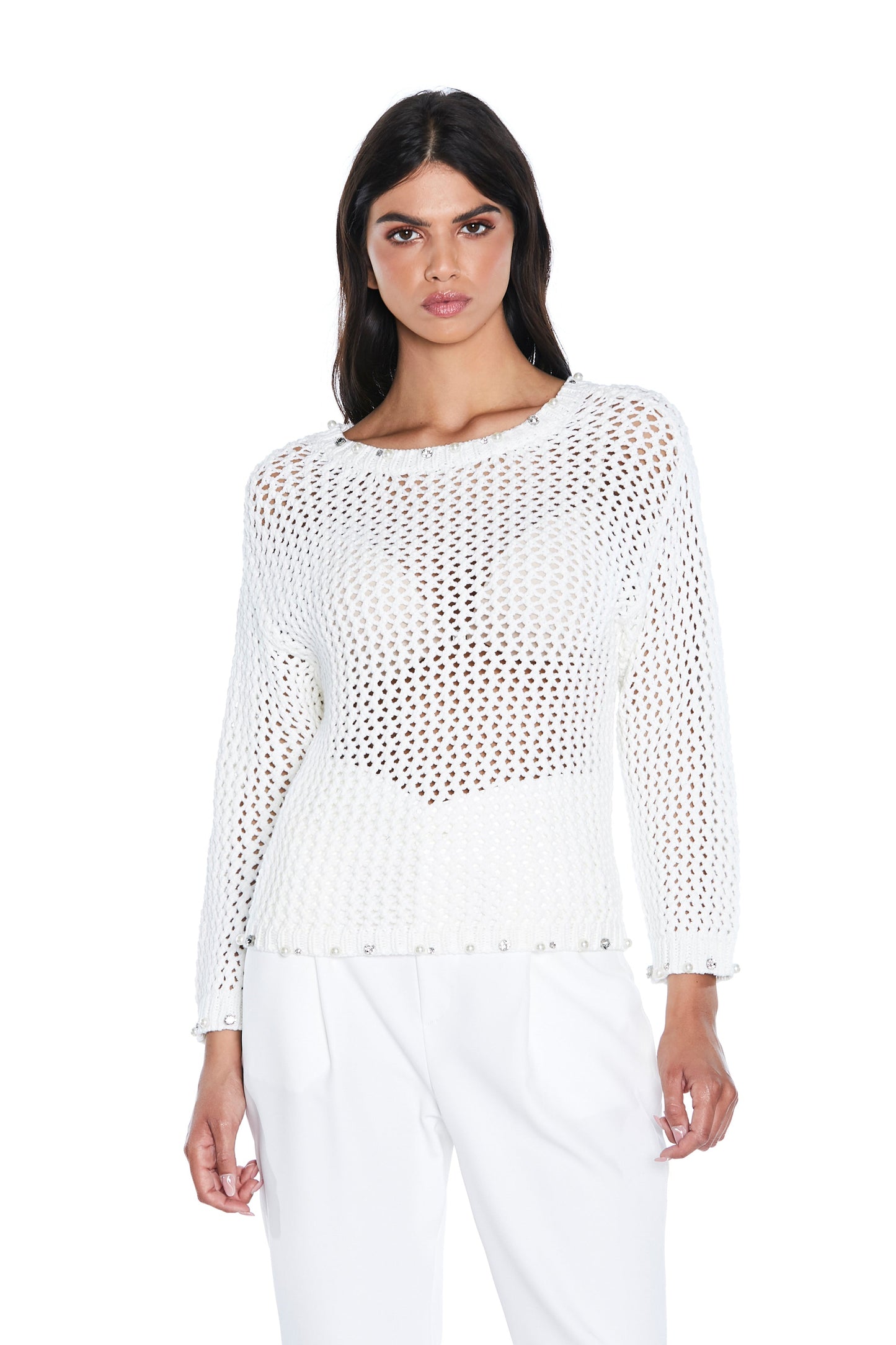 SUMIERT 长袖毛衣，水钻和珍珠贴花，蜂窝网状边缘