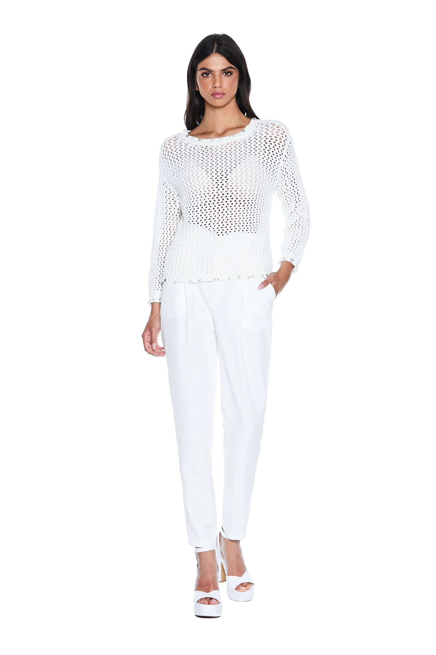 SUMIERT 长袖毛衣，水钻和珍珠贴花，蜂窝网状边缘