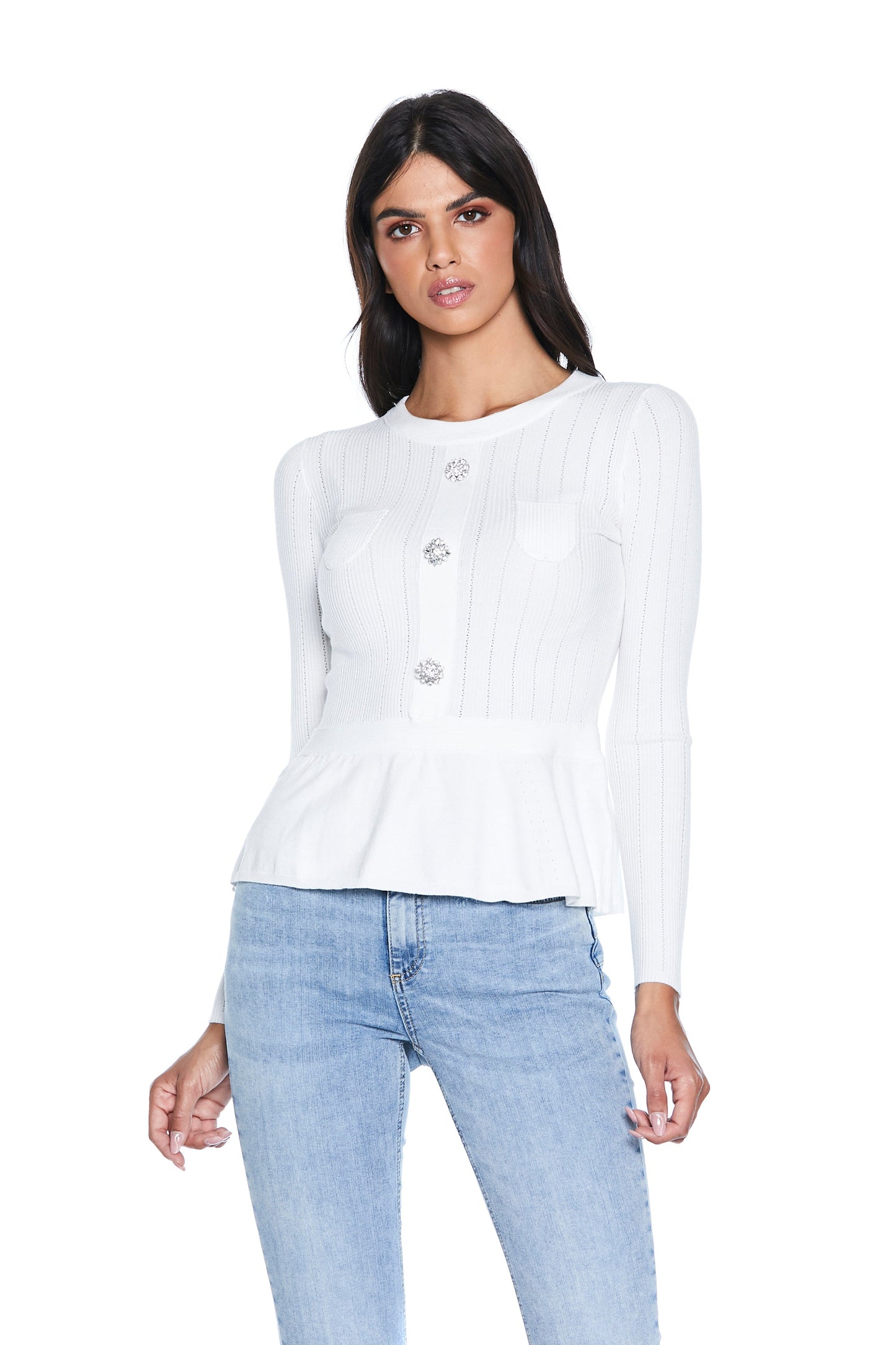 REMMYUS 长袖衬衫，底部荷叶边饰有珠宝纽扣