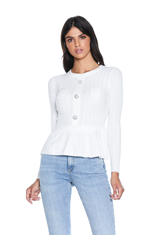 REMMYUS 长袖衬衫，底部荷叶边饰有珠宝纽扣