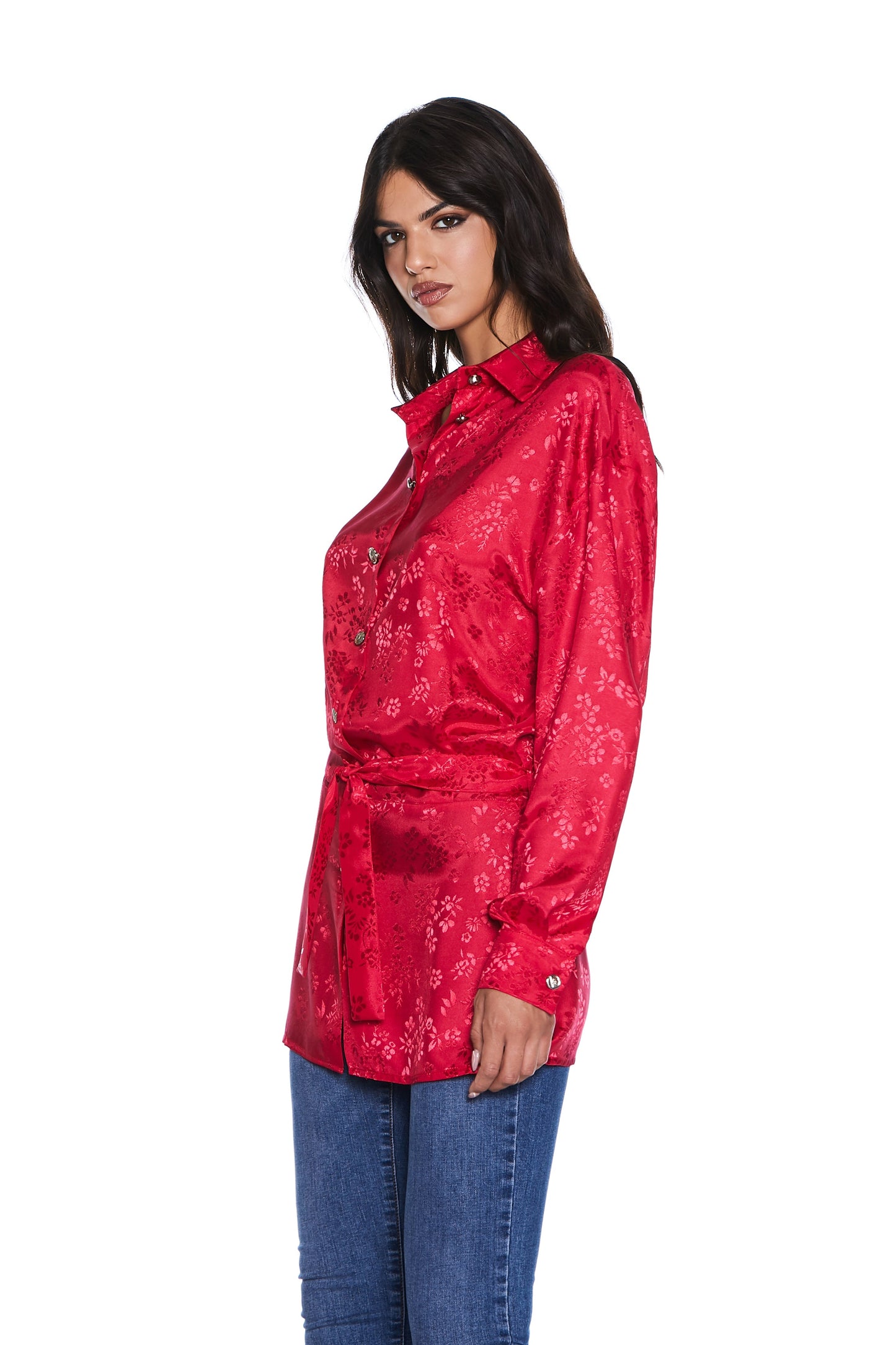 军团纽扣长袖 HAPPY 衬衫加花卉提花腰带