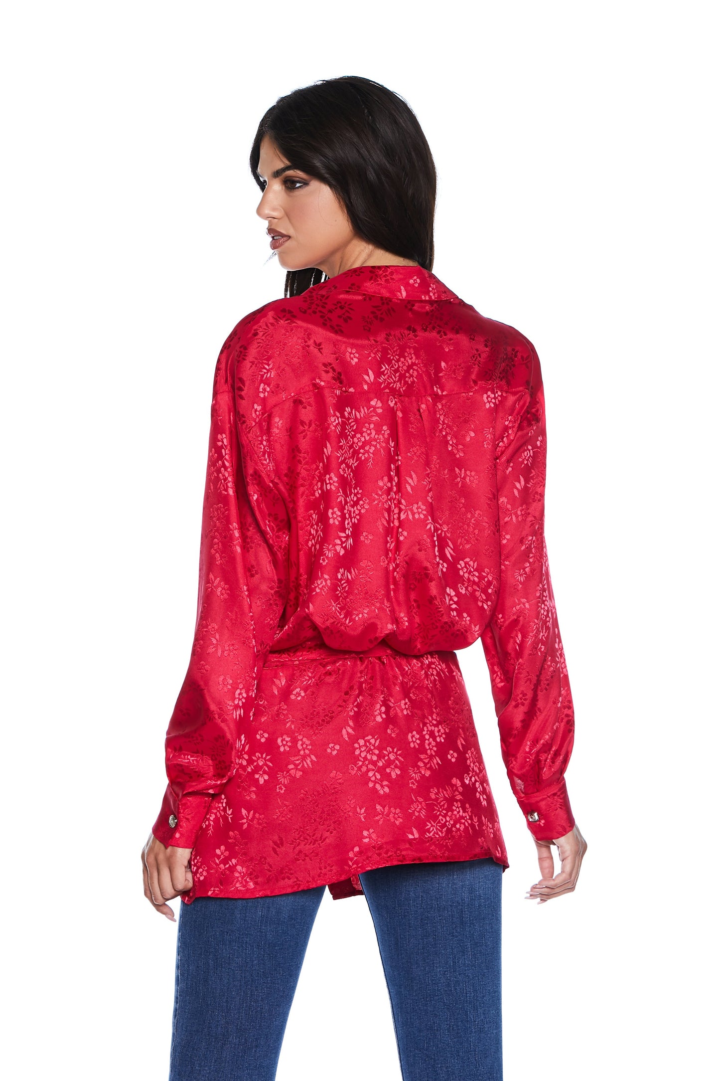 军团纽扣长袖 HAPPY 衬衫加花卉提花腰带