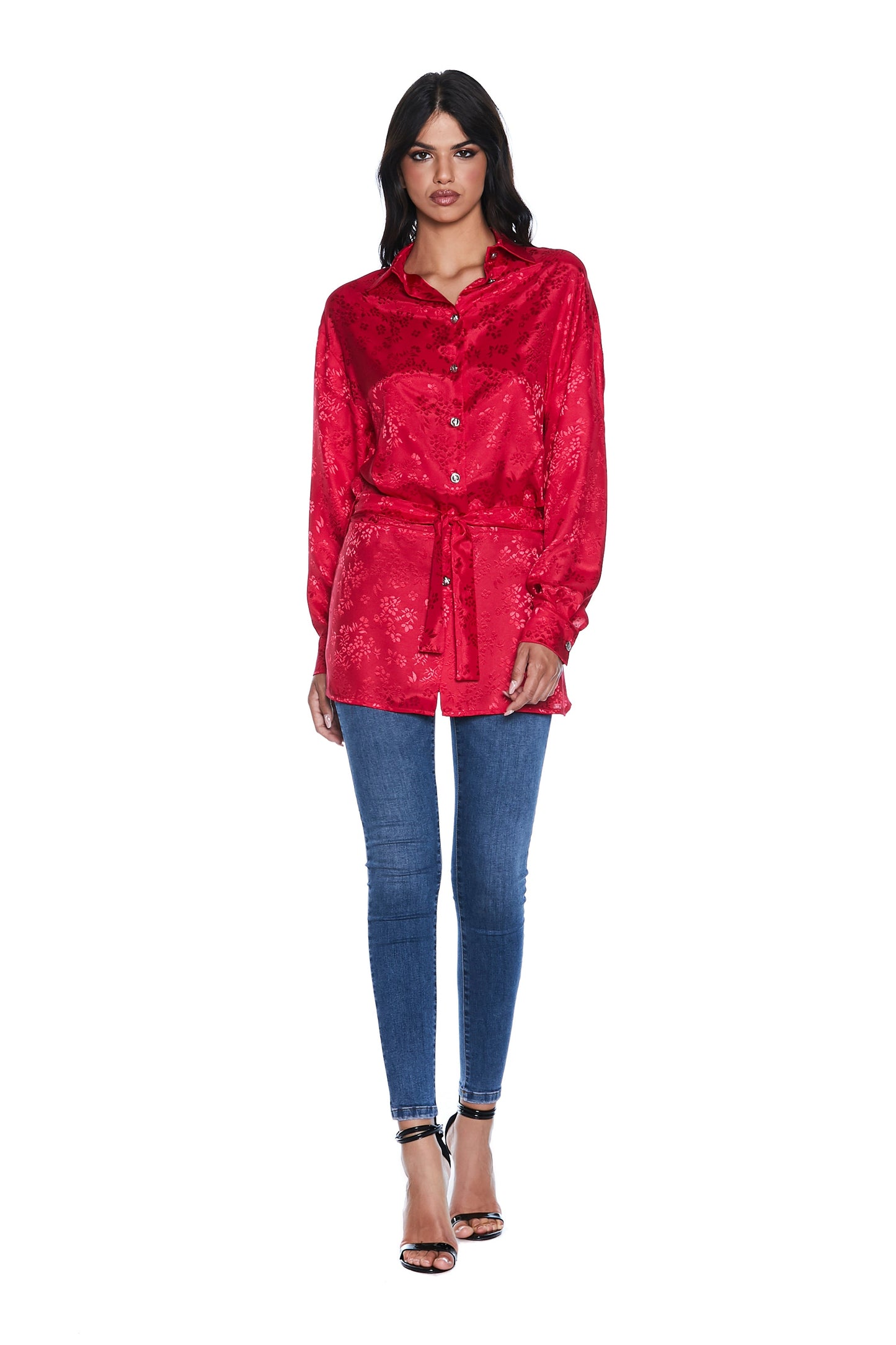 军团纽扣长袖 HAPPY 衬衫加花卉提花腰带