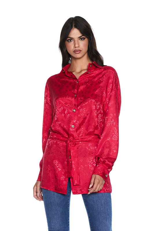 军团纽扣长袖 HAPPY 衬衫加花卉提花腰带