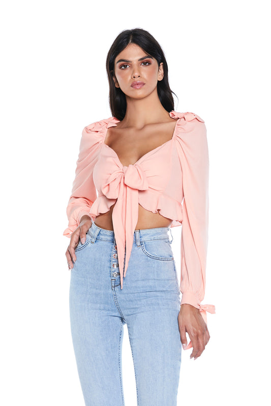 Crop-Top YO 长袖交叉领口，底部有蝴蝶结和荷叶边
