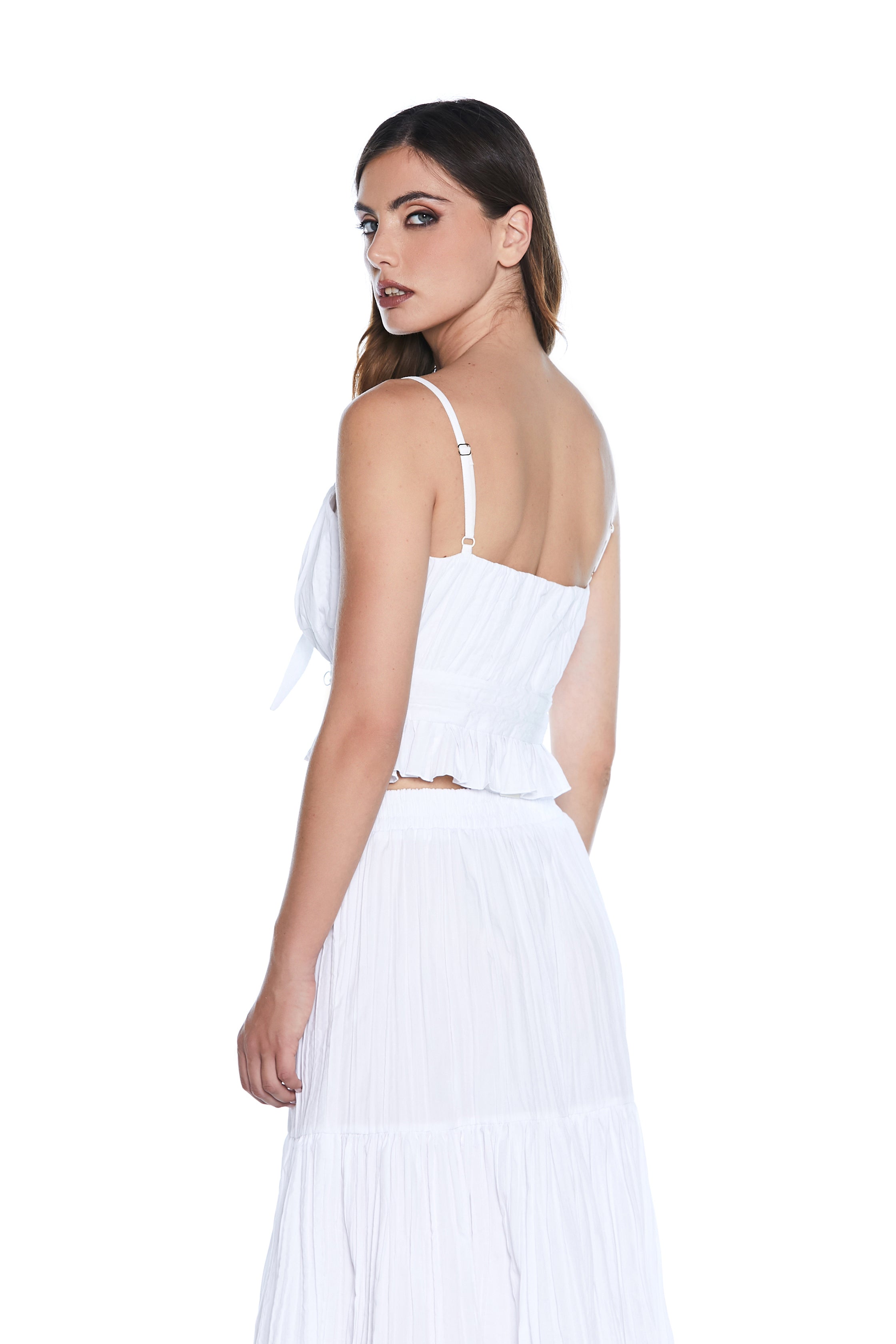 Crop-Top BONNI sc.cuore 配胸带，底部有荷叶边，褶皱效果