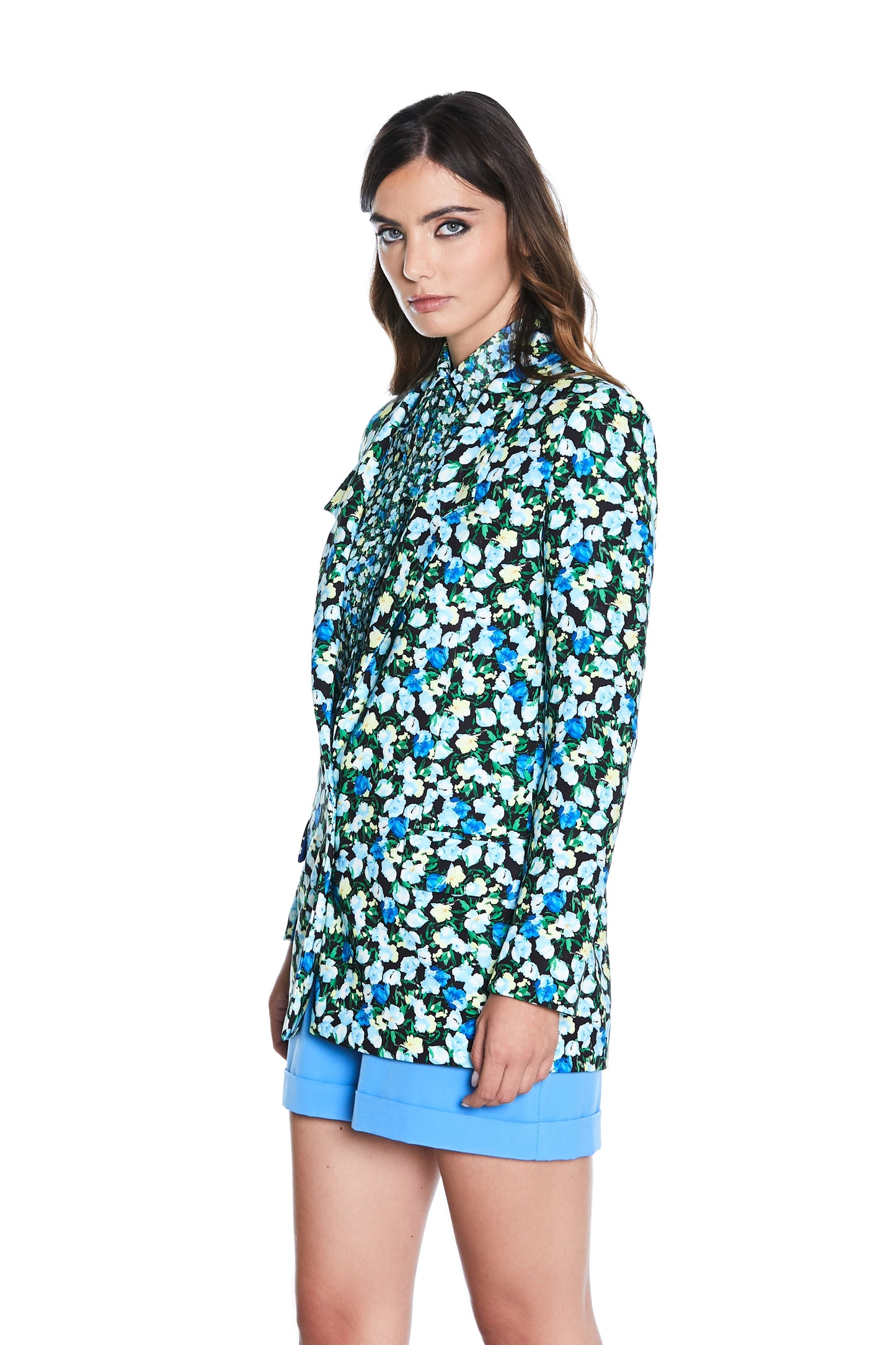 QUANDOTU 长袖夹克 1 粒纽扣花朵图案口袋