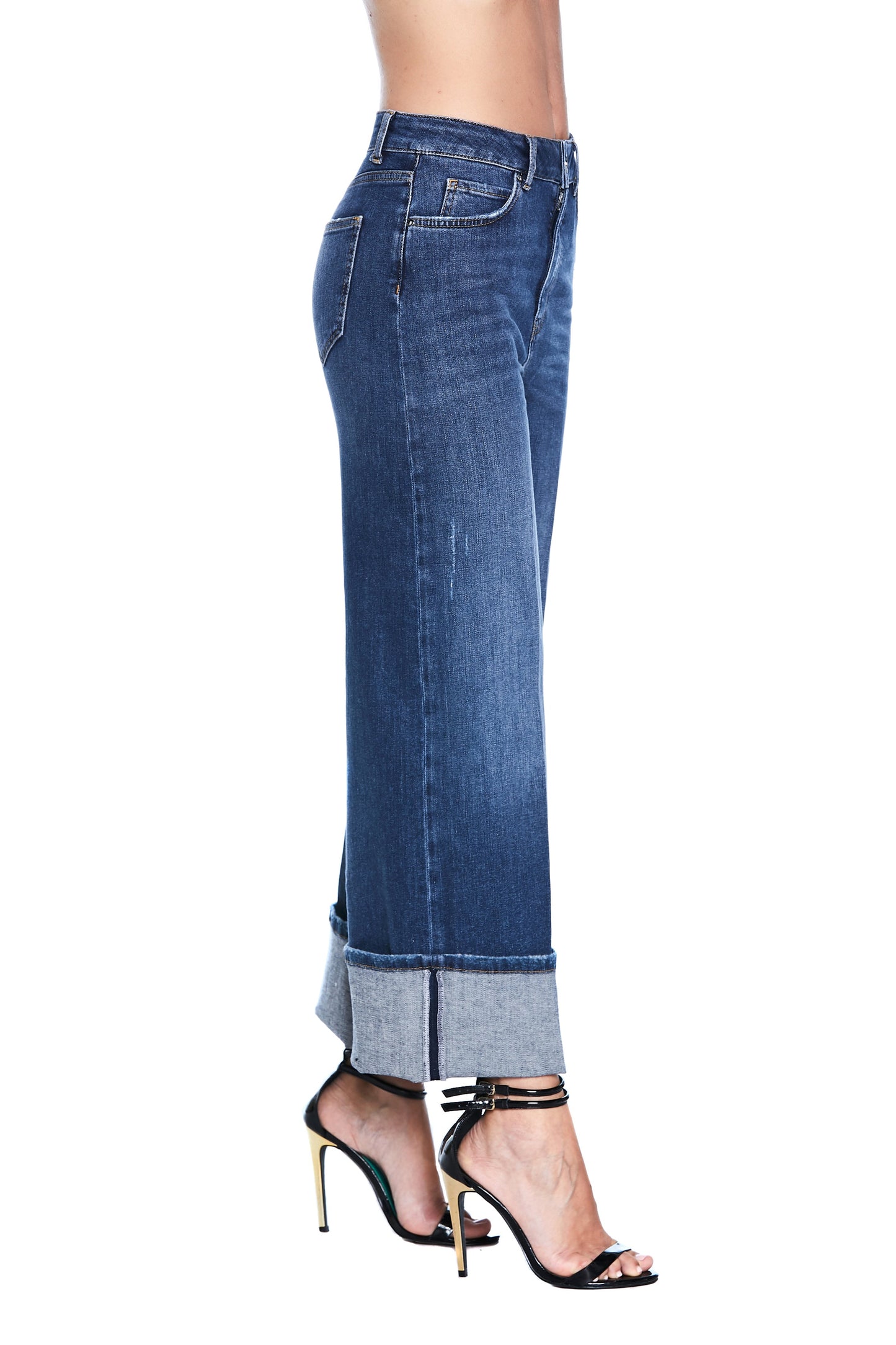 VICKY 高腰五袋微撕裂牛仔底打褶长裤