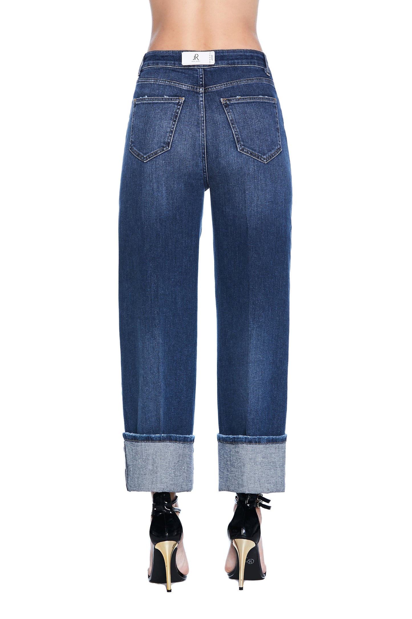 VICKY 高腰五袋微撕裂牛仔底打褶长裤