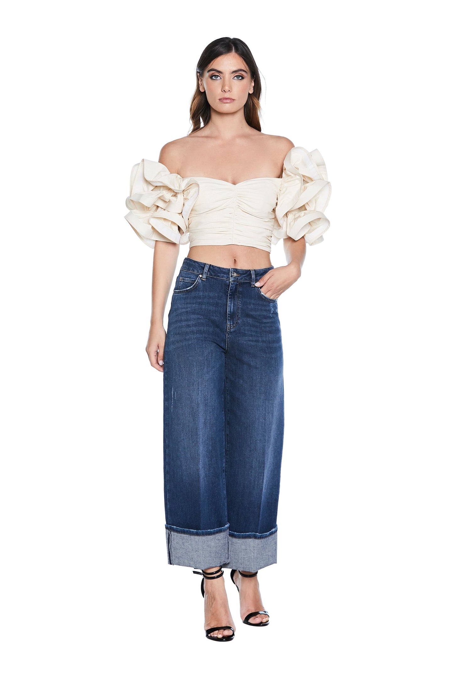 VICKY 高腰五袋微撕裂牛仔底打褶长裤