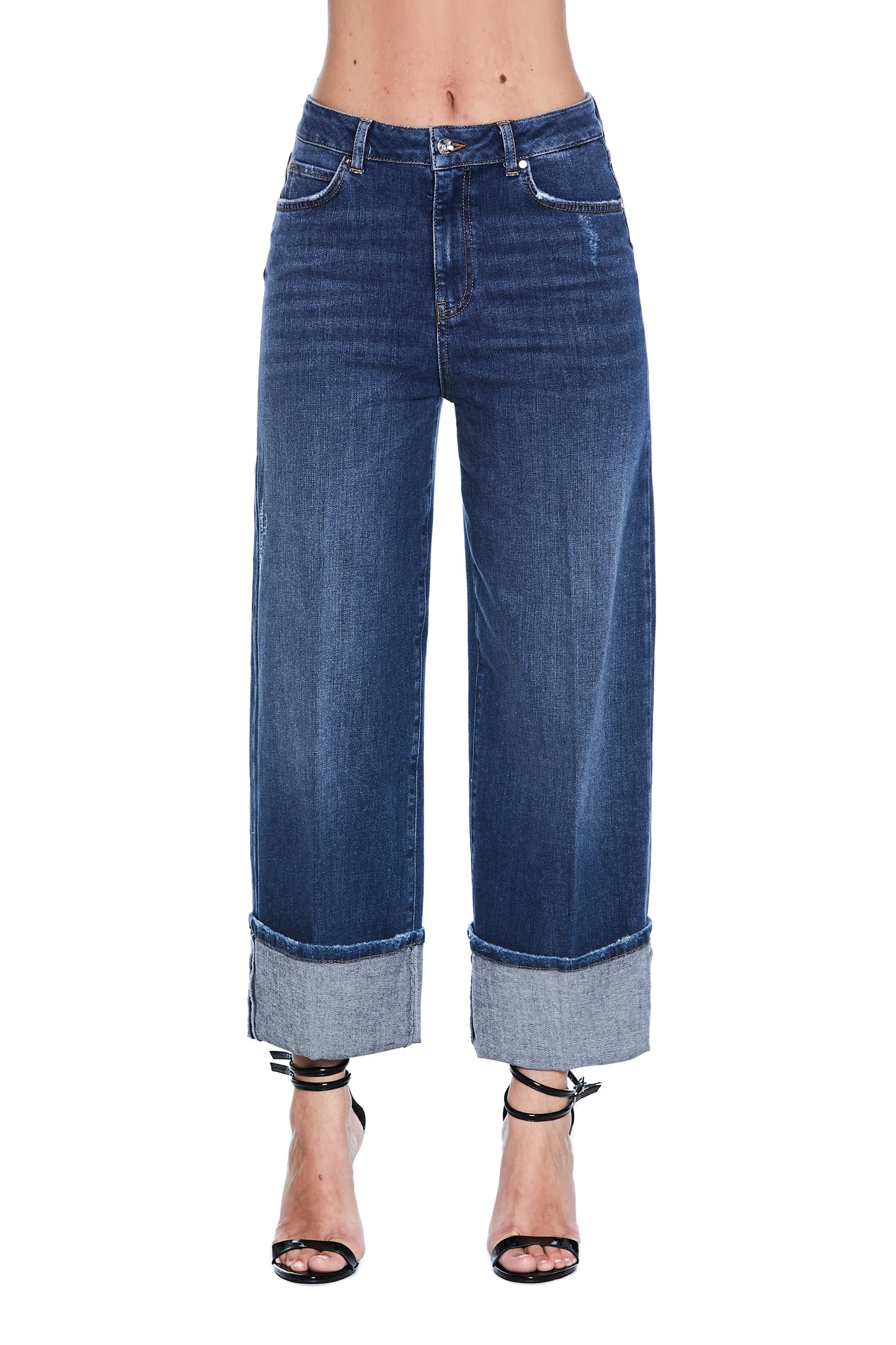 VICKY 高腰五袋微撕裂牛仔底打褶长裤