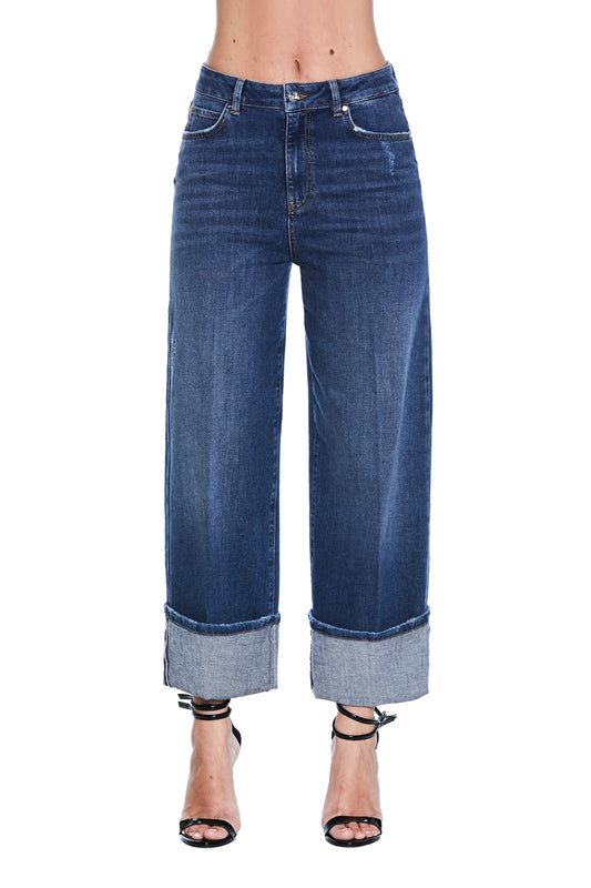 VICKY 高腰五袋微撕裂牛仔底打褶长裤