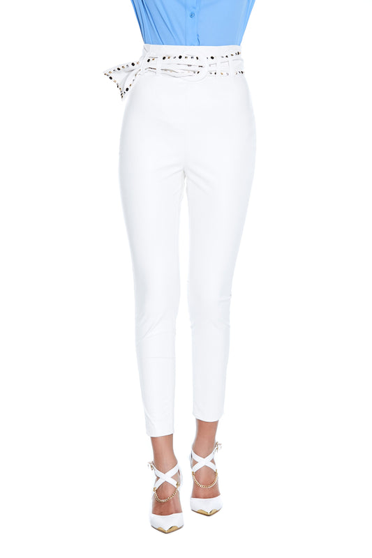 LEGGINGS 人造皮革腰带和饰钉高腰裤