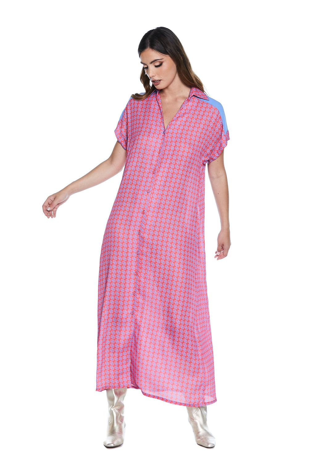LURGER 长款半袖连衣裙，领带图案化学翻领