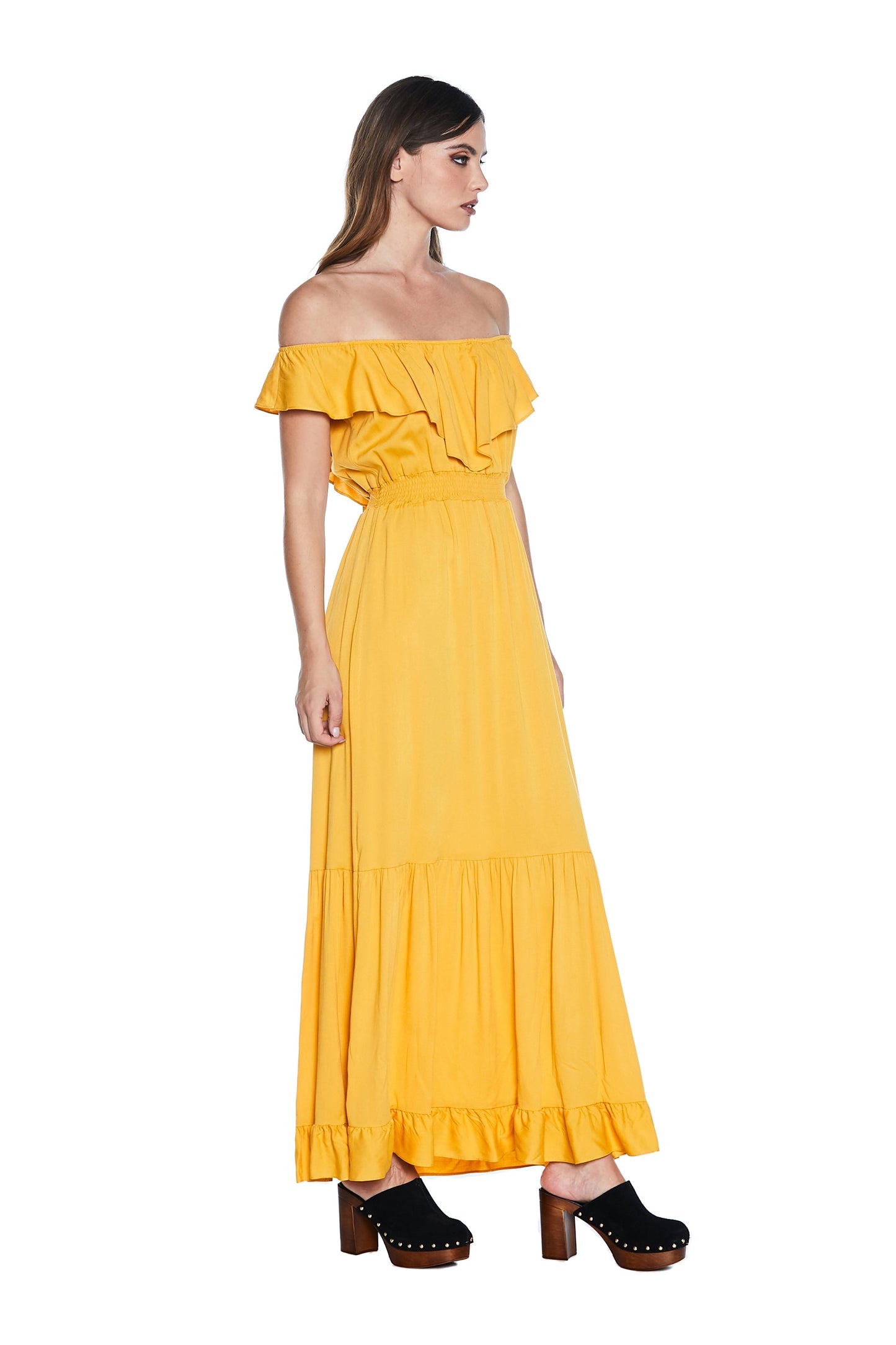 MENOTAX 长半袖翻盖连衣裙，带荷叶边加褶皱加 p.smock