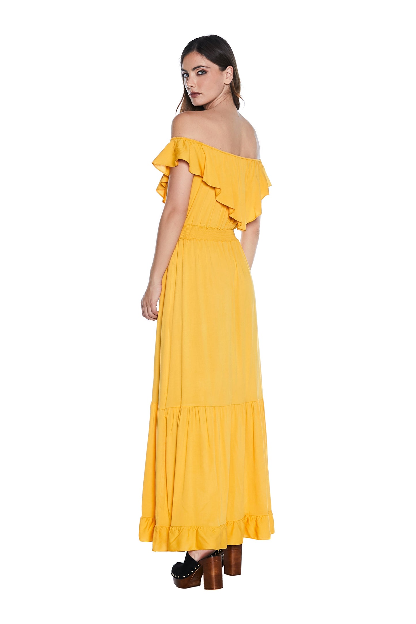 MENOTAX 长半袖翻盖连衣裙，带荷叶边加褶皱加 p.smock