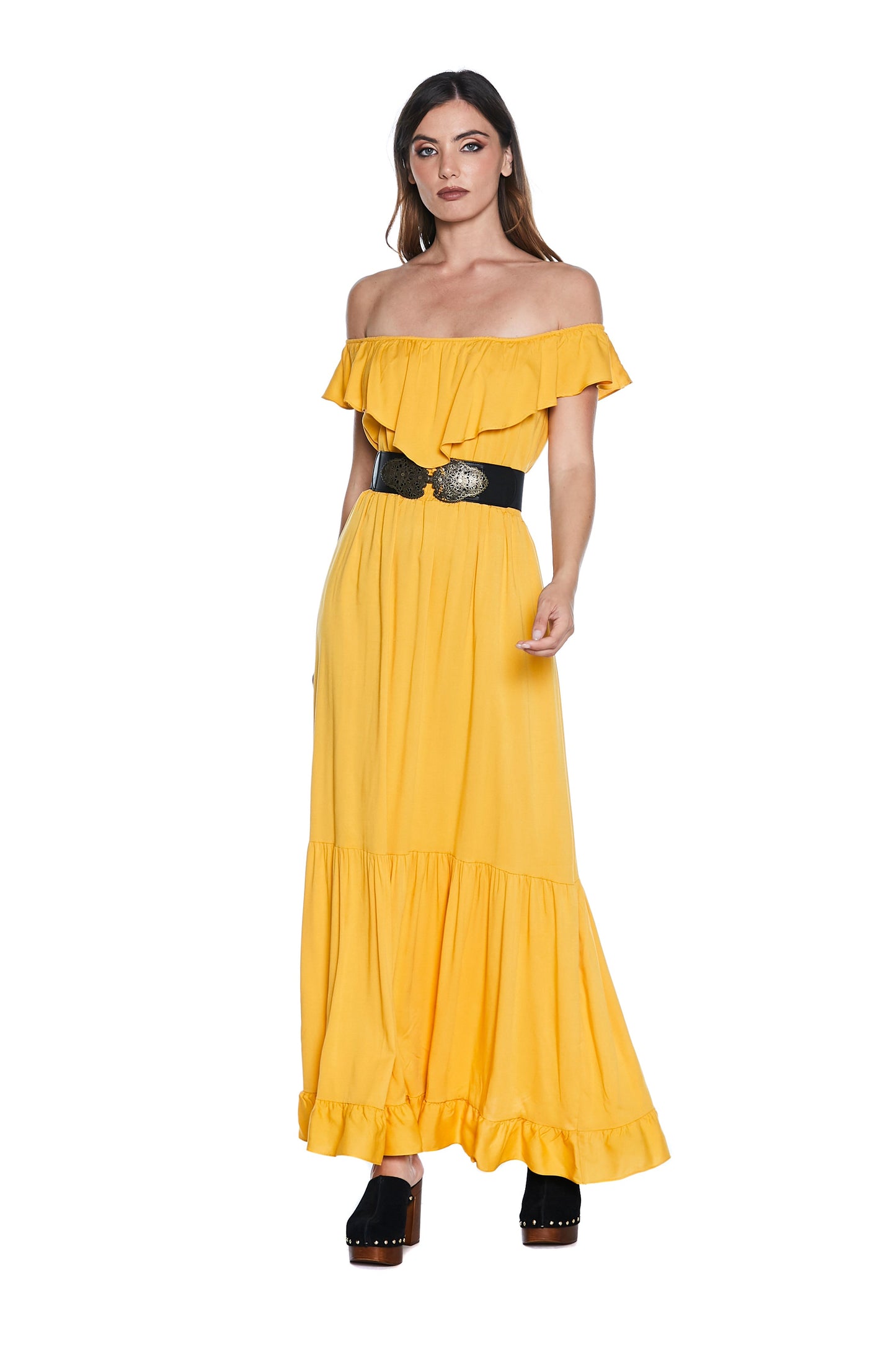 MENOTAX 长半袖翻盖连衣裙，带荷叶边加褶皱加 p.smock