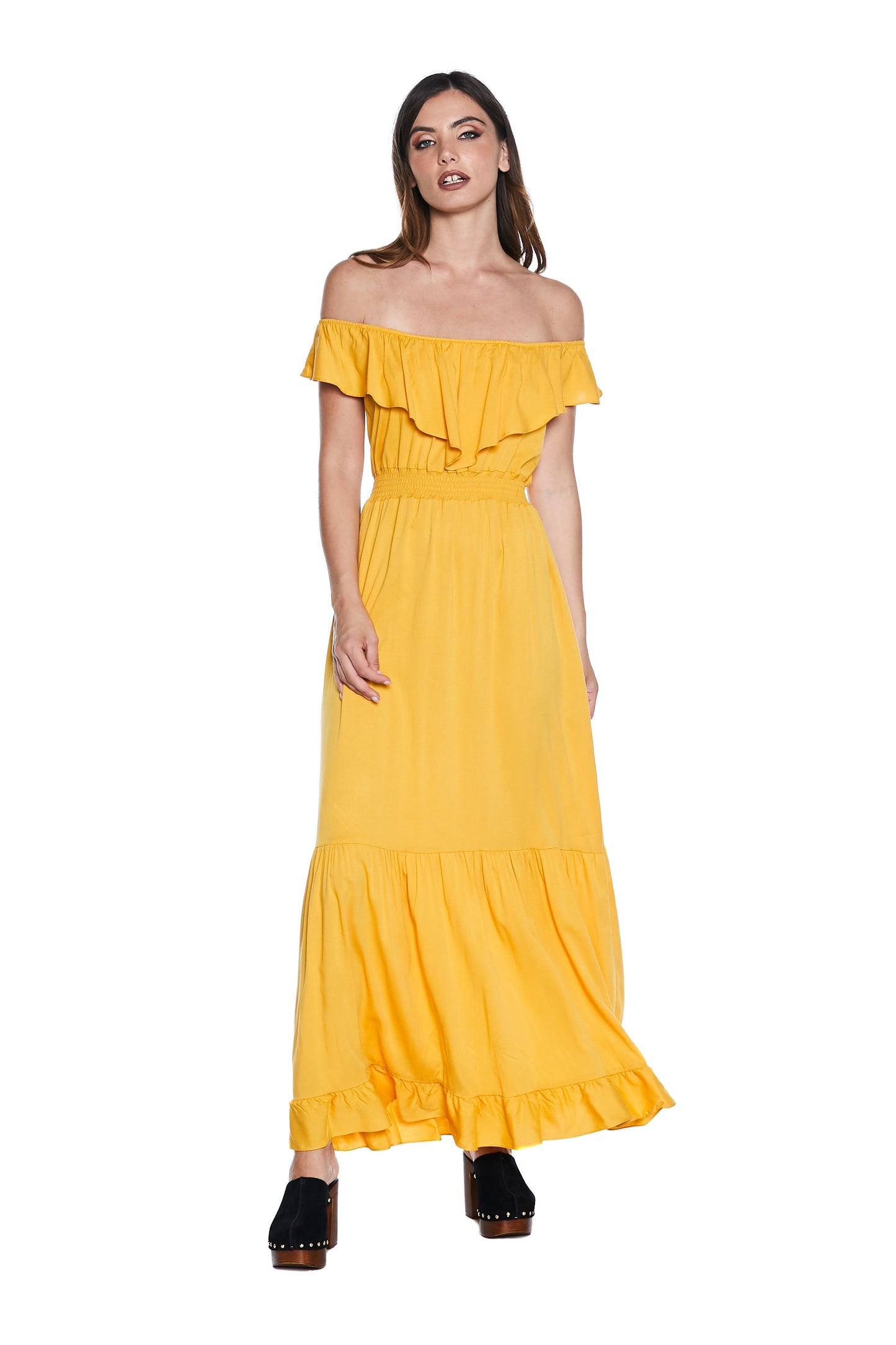 MENOTAX 长半袖翻盖连衣裙，带荷叶边加褶皱加 p.smock