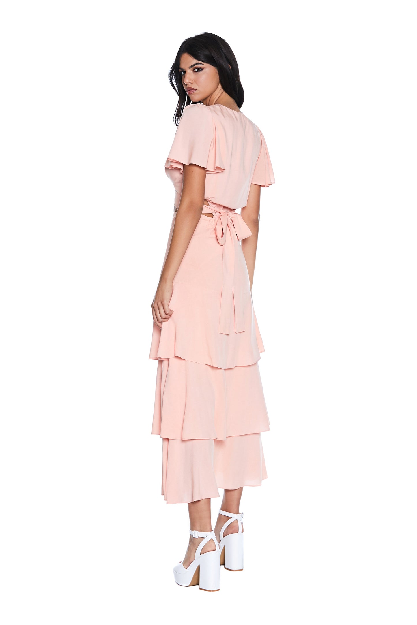 SBAM 长款半袖晚礼服交叉上衣配腰带加荷叶边裙