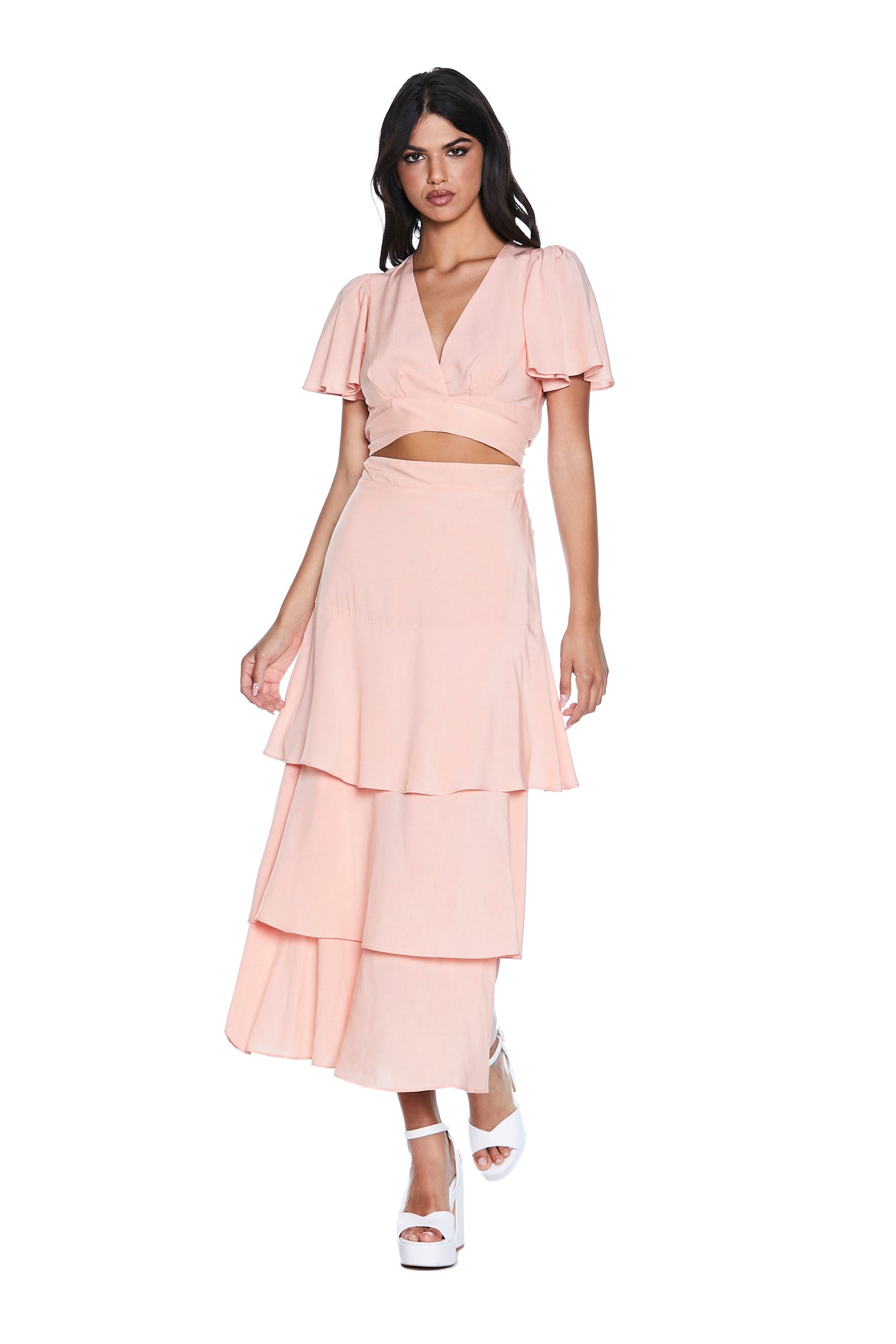 SBAM 长款半袖晚礼服交叉上衣配腰带加荷叶边裙