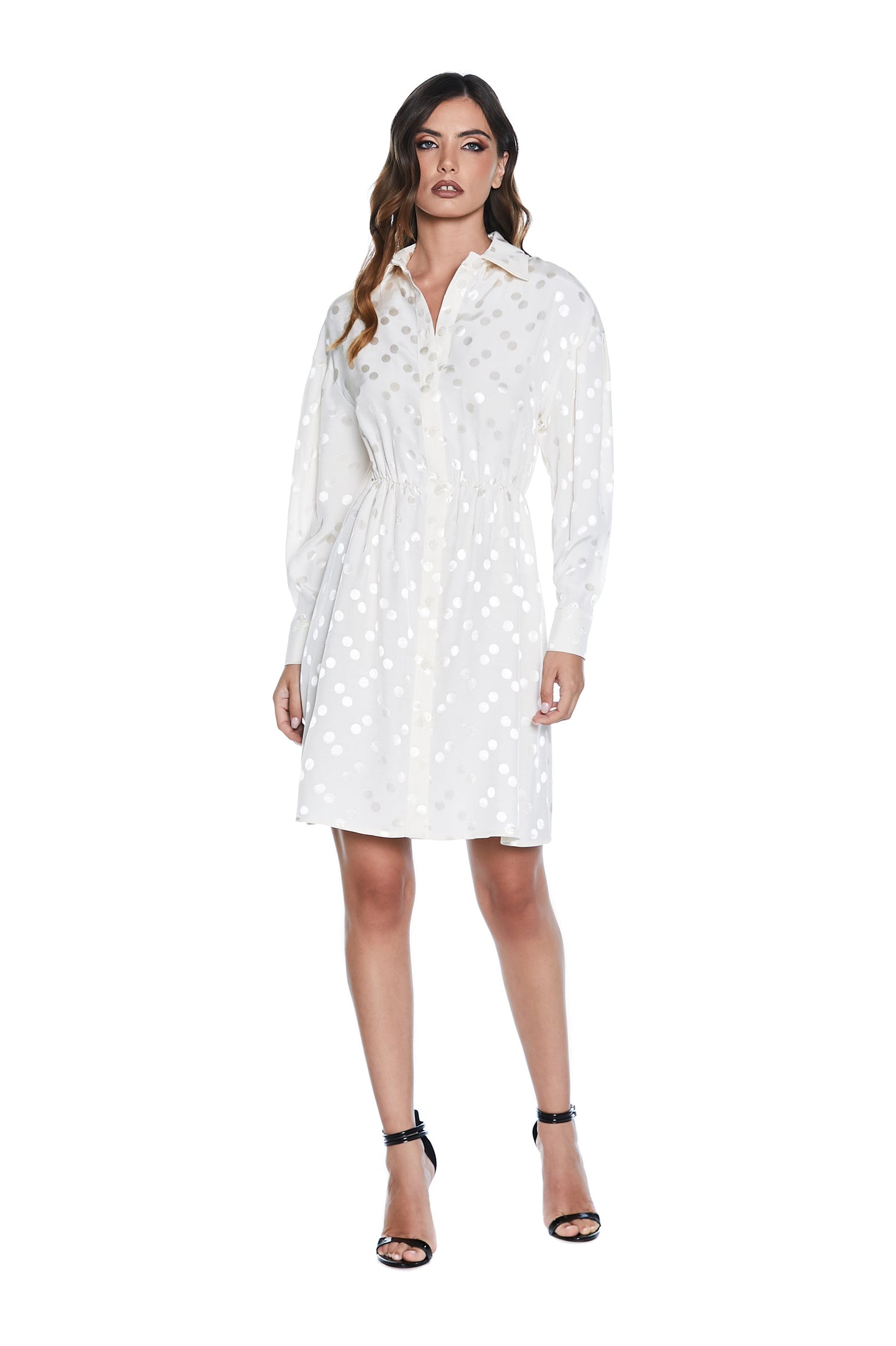 VIOT 短款连衣裙长袖衬衫式连衣裙，带褶领 v.fil coupe' pois