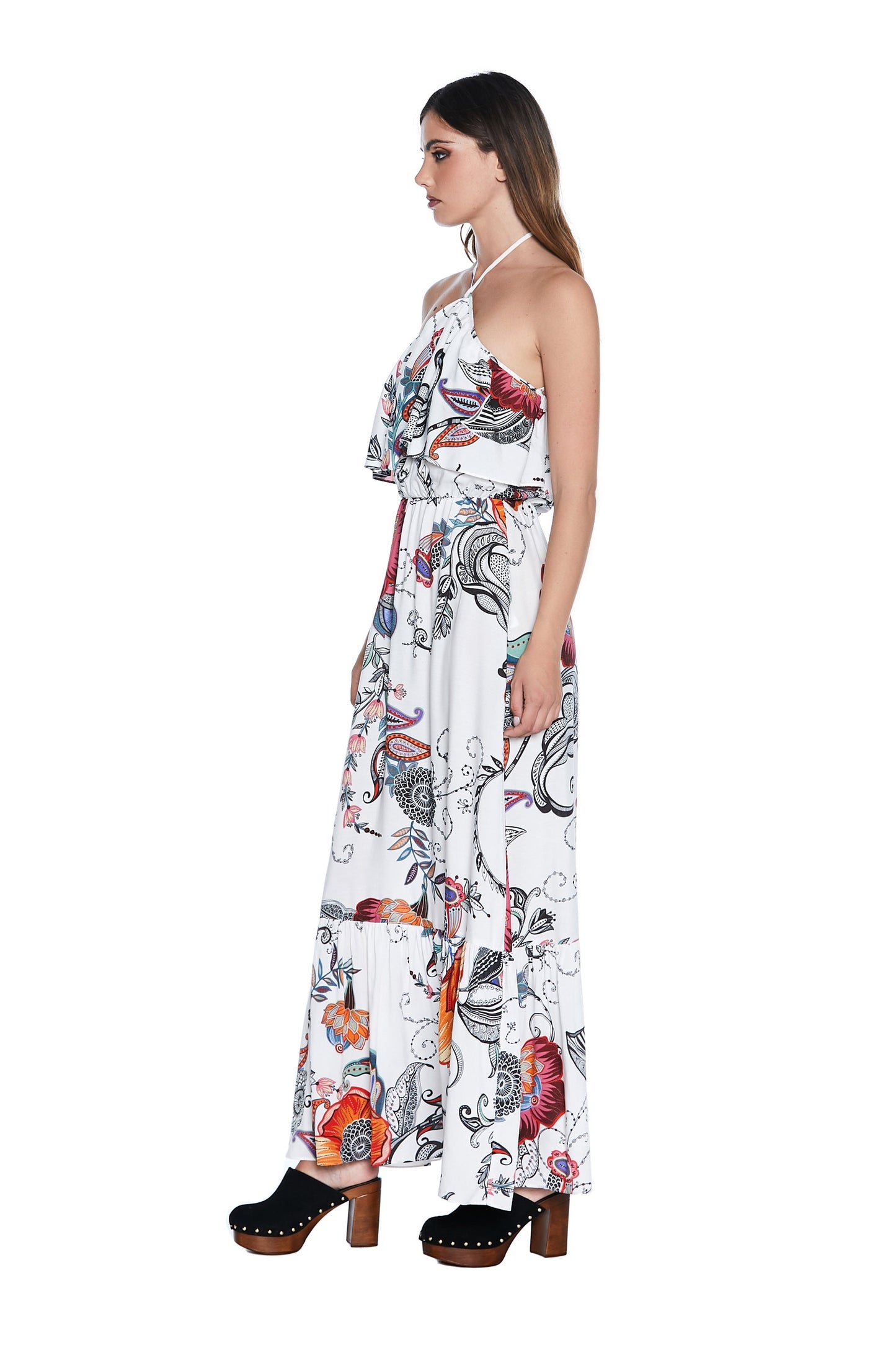 S/M 长款 FLOWER 连衣裙，领口蕾丝加褶边加扇形底部荷叶边。围巾