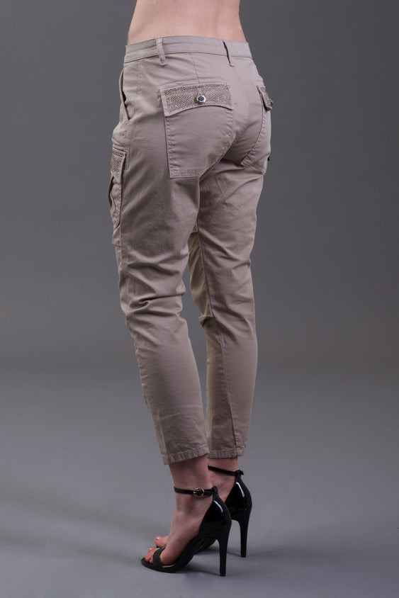 SANDRA 水钻装饰大口袋华达呢长裤