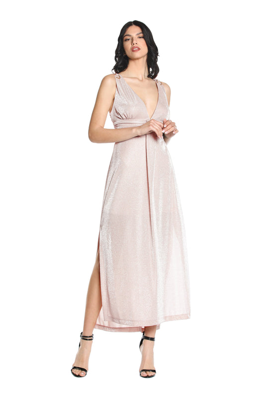 S/M 长 AURORA 连衣裙，带穿孔应用加褶皱加卢勒克斯开衩