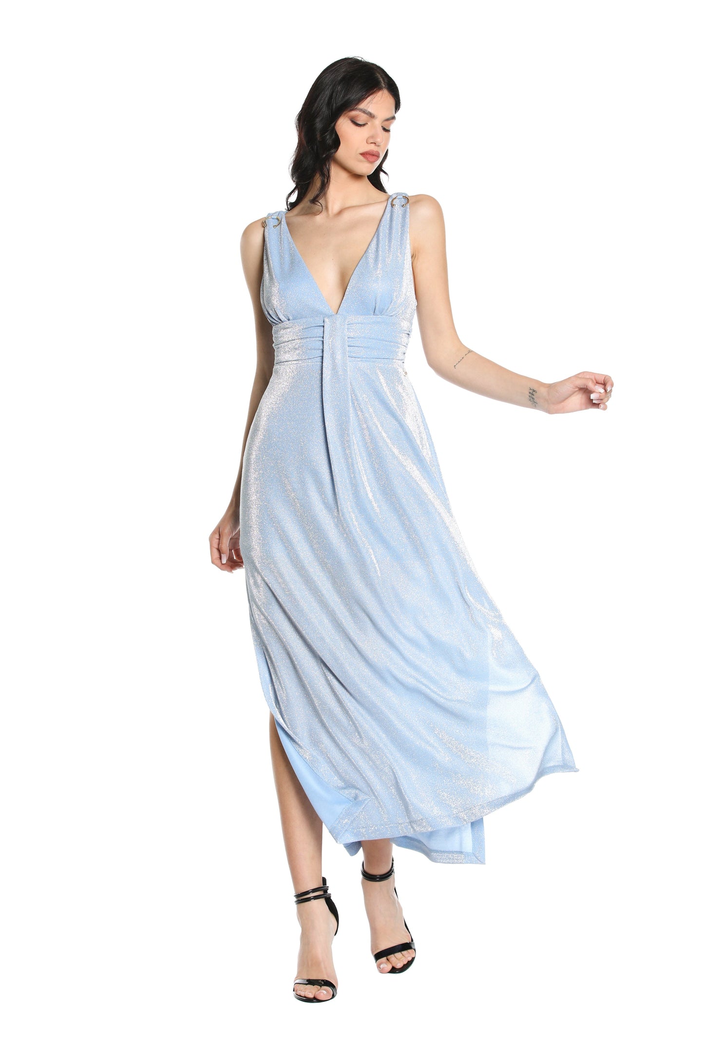 S/M 长 AURORA 连衣裙，带穿孔应用加褶皱加卢勒克斯开衩