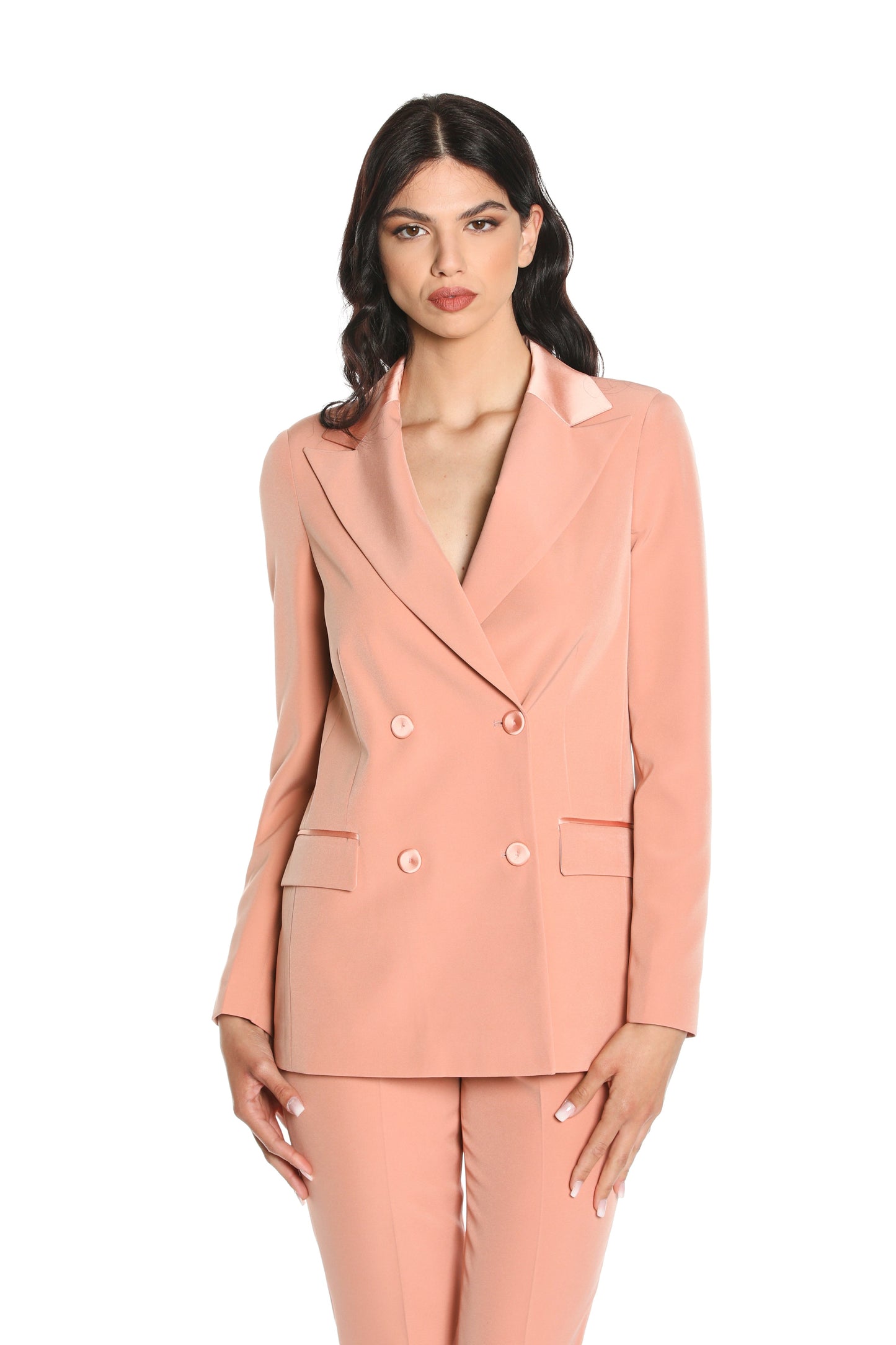 YUIO 长袖双排扣夹克，带口袋和缎面嵌件