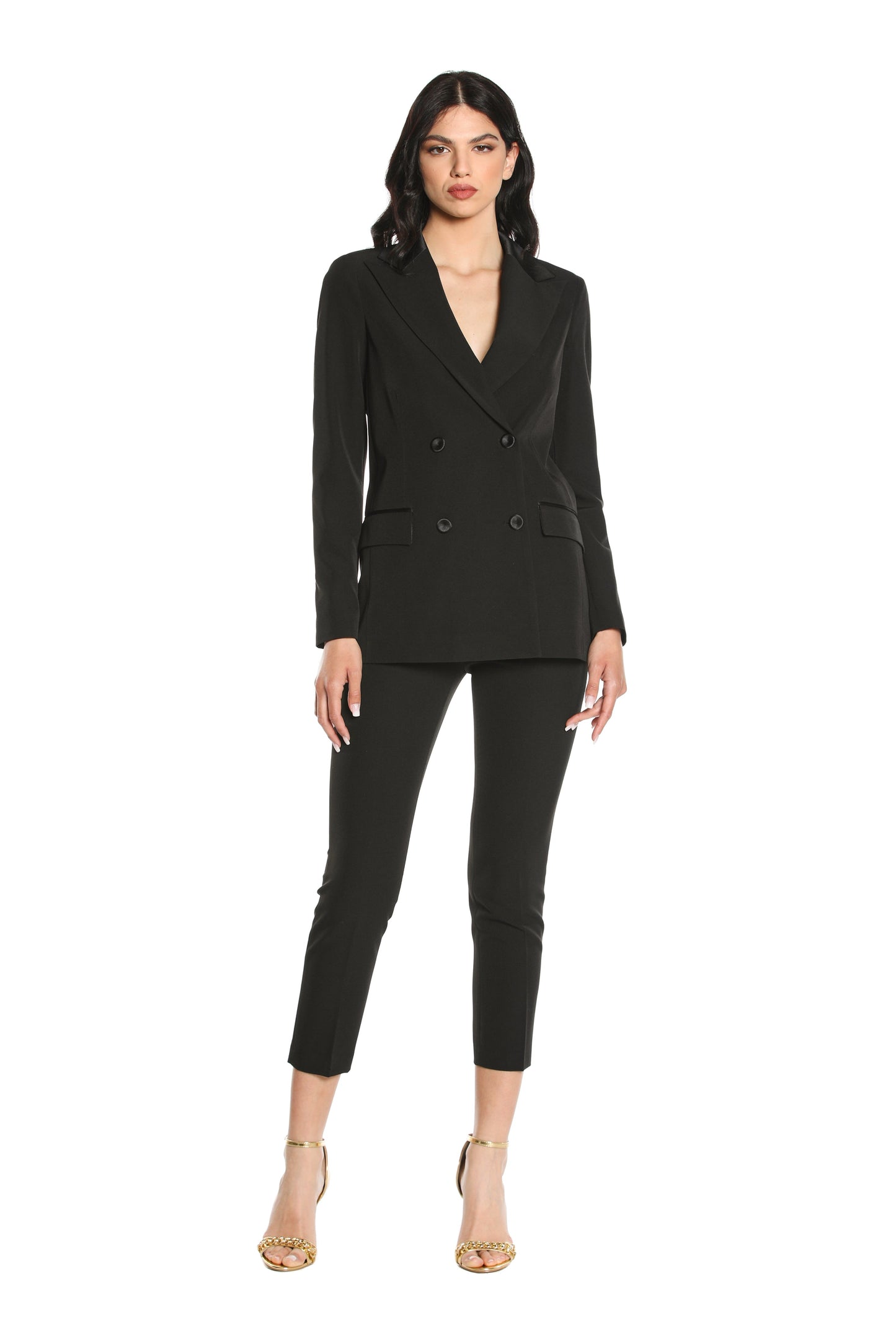 YUIO 长袖双排扣夹克，带口袋和缎面嵌件