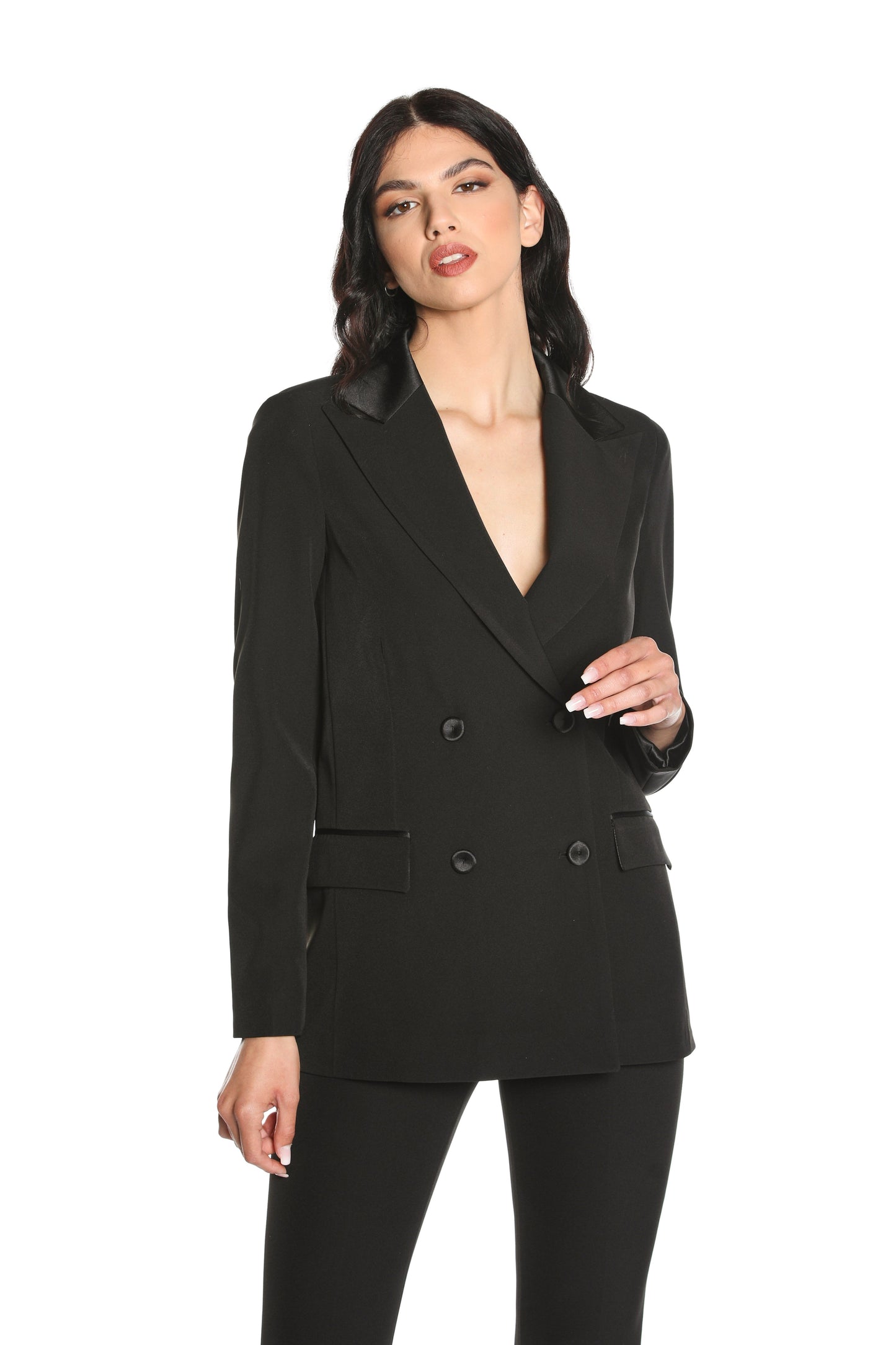 YUIO 长袖双排扣夹克，带口袋和缎面嵌件