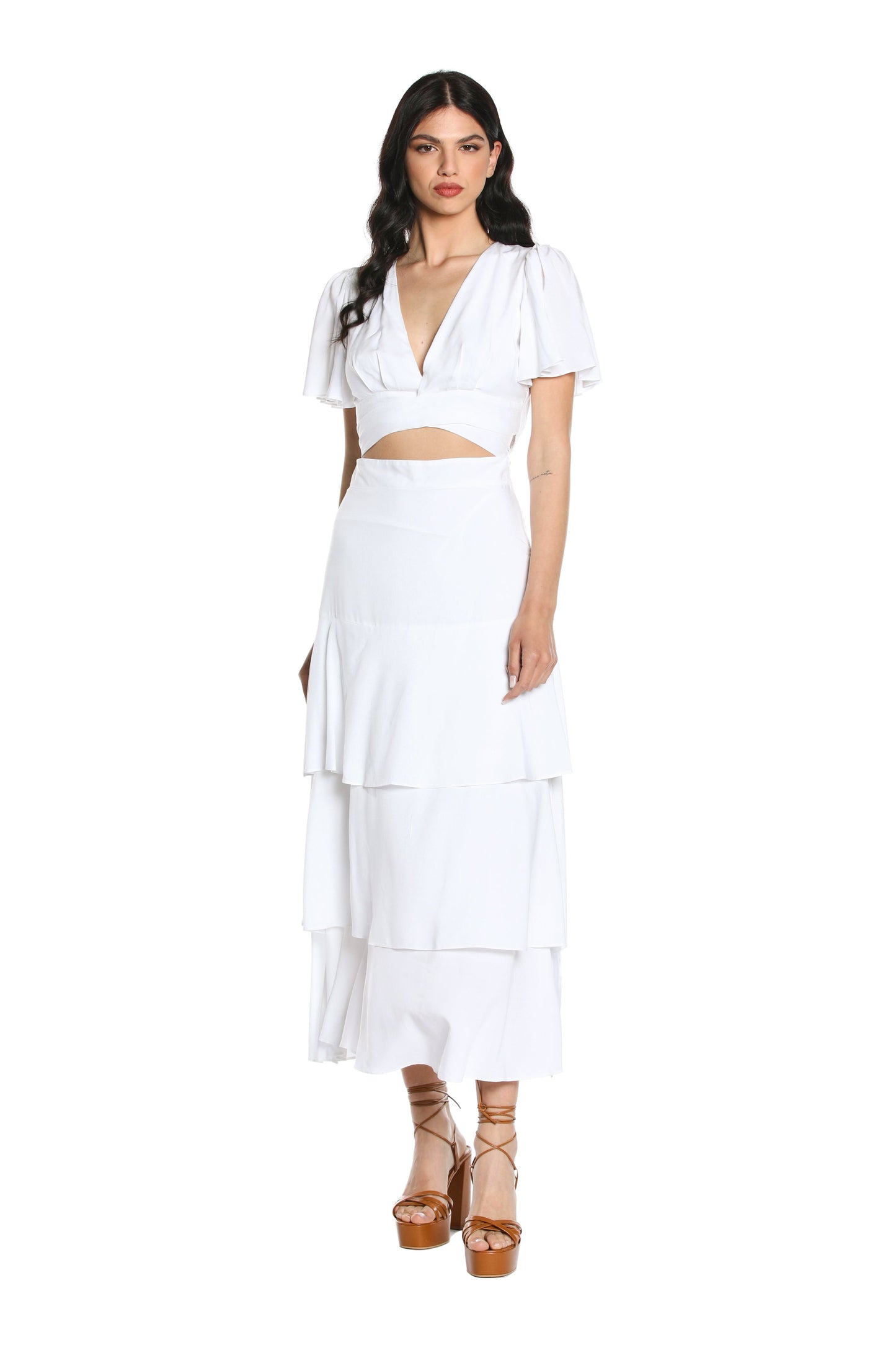 SBAM 长款半袖晚礼服交叉上衣配腰带加荷叶边裙