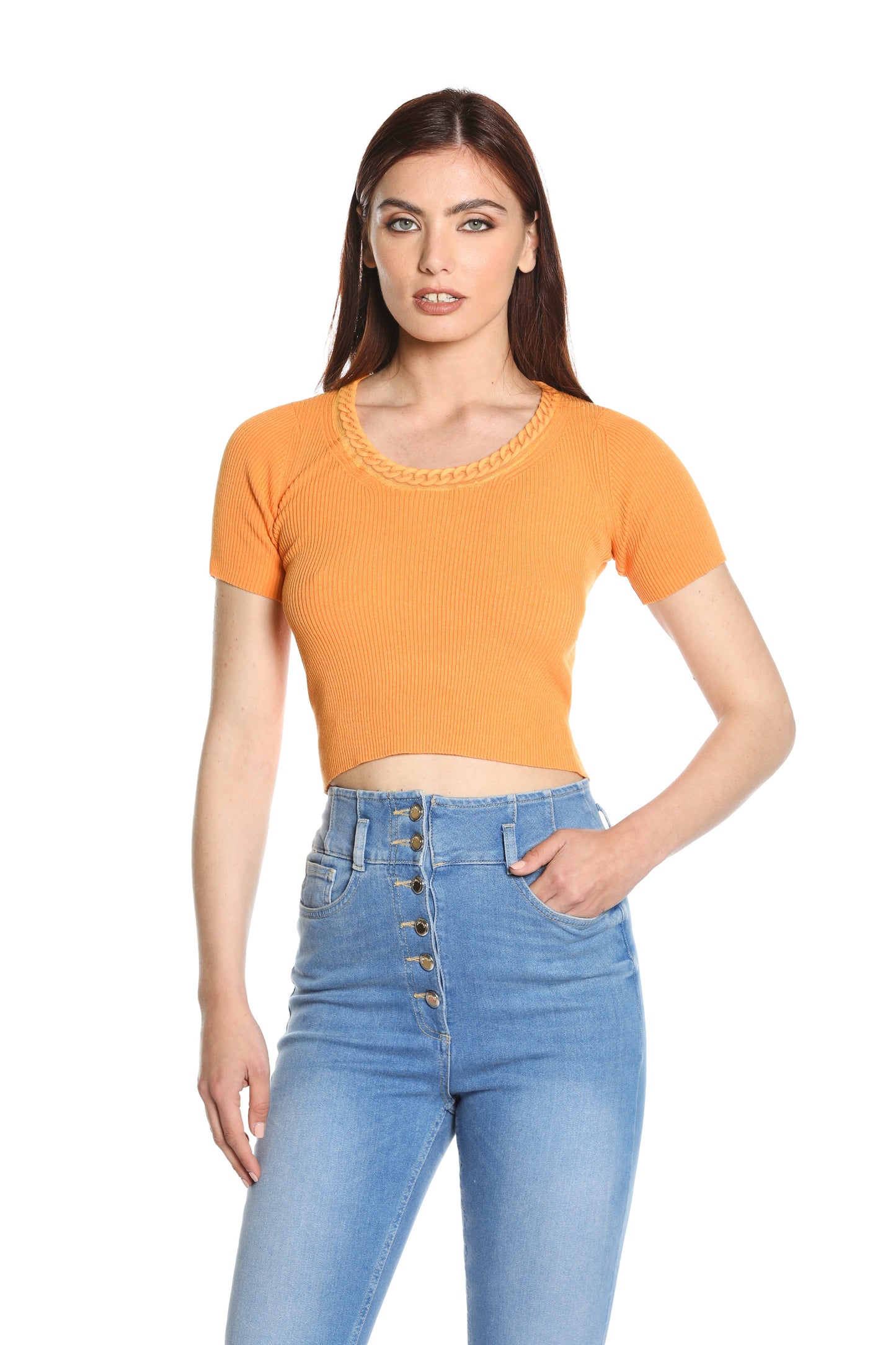 VRENTUN 罗纹领边短款半袖毛衣