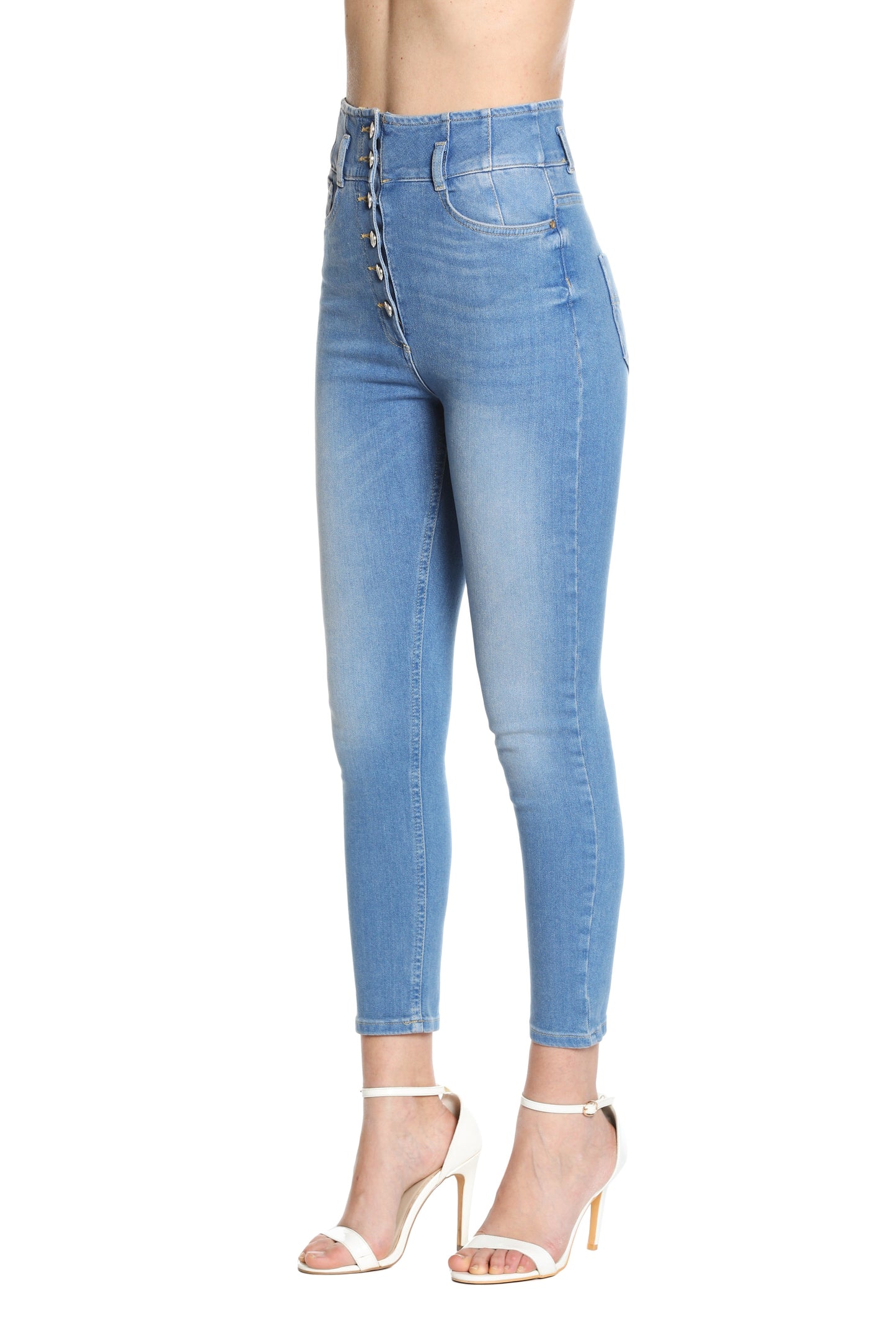 ZETTA 高腰九分牛仔裤，配高紧身胸衣 5 个牛仔布口袋