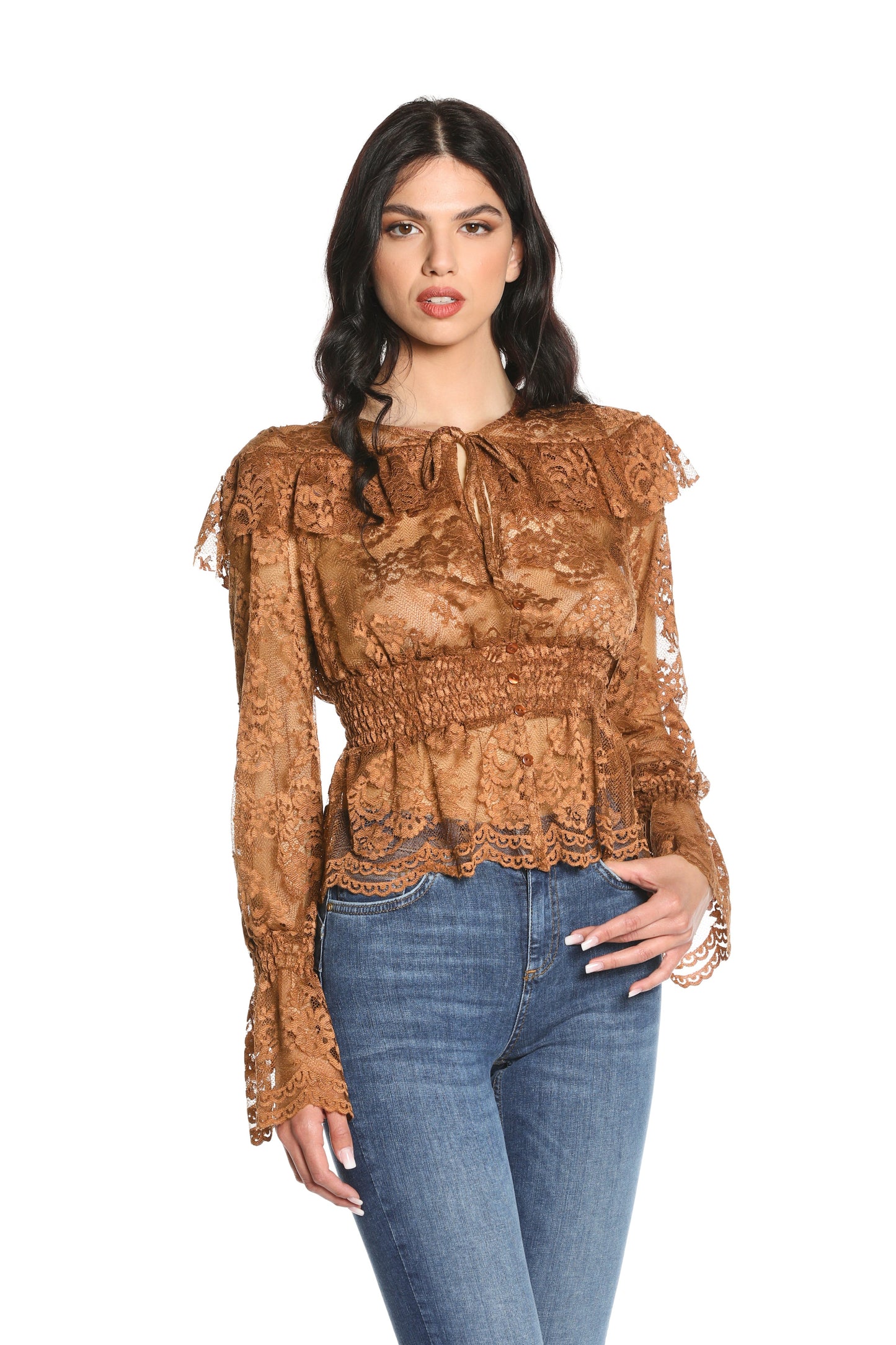 RAFFIS 蕾丝加 p 长袖无领衬衫。抽褶蕾丝