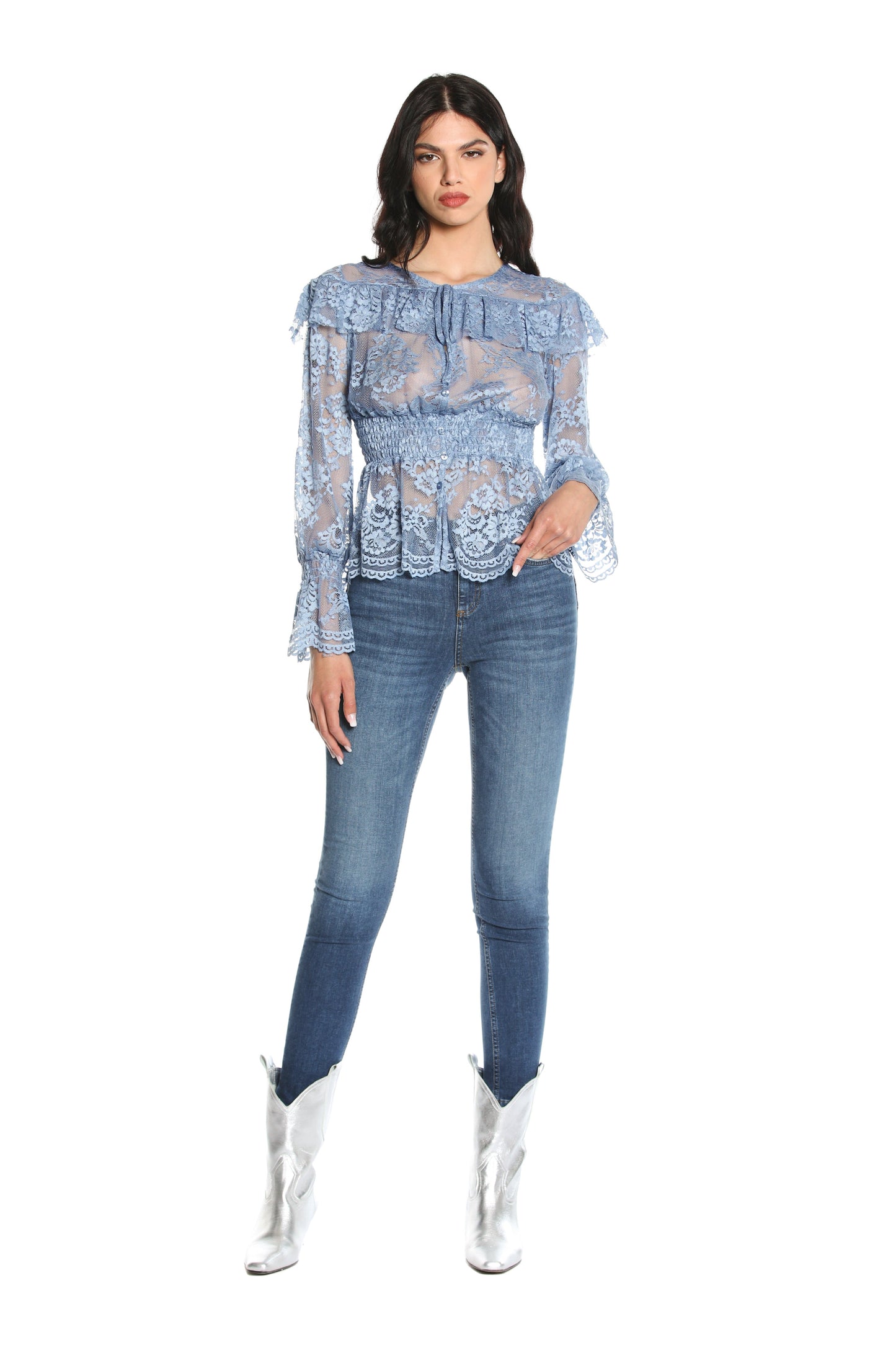 RAFFIS 蕾丝加 p 长袖无领衬衫。抽褶蕾丝